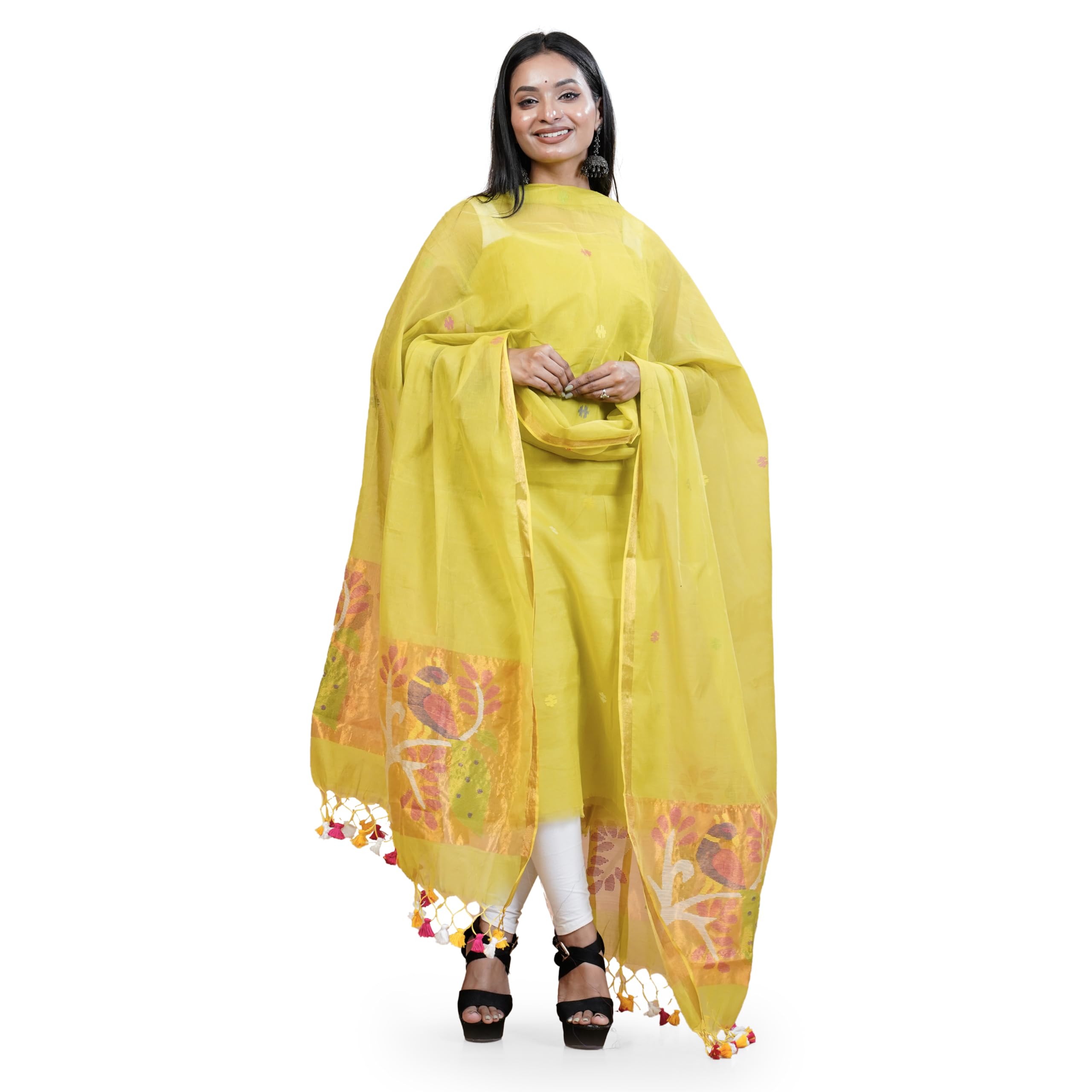 Handwoven Jamdani Paithani Suit, Vivid Yellow, Maslin, Top 2.5 Meters with Dupatta, Jal Net, Tassels-picture-36