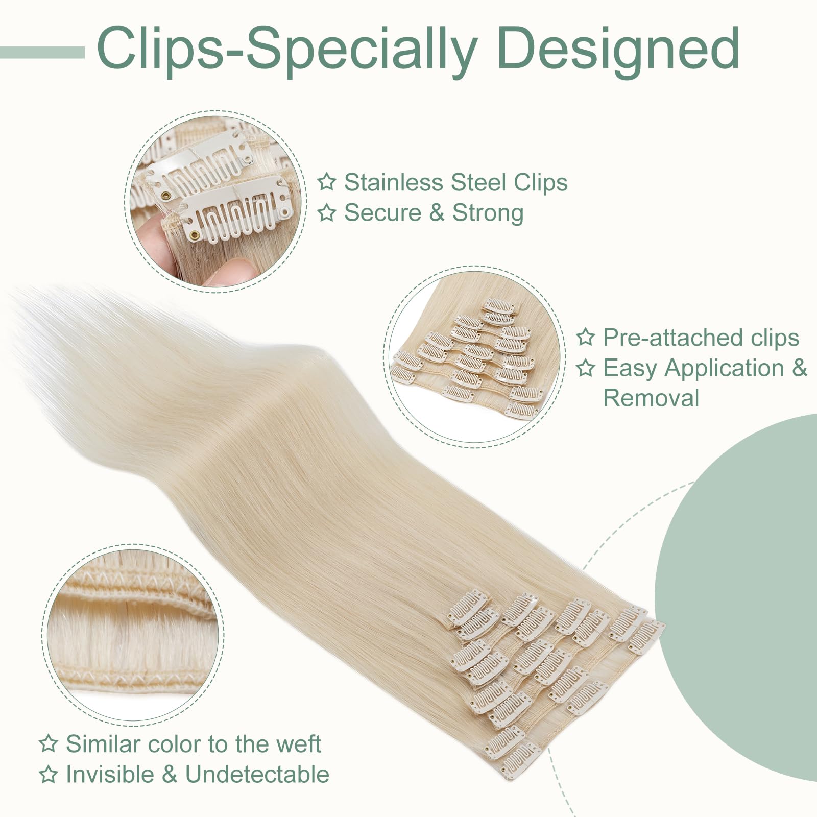 Rich Choices Clip in Hair Extensions Human Hair Bleach White 20 Inch Remy Hair Extensions Clip in, 8PCS 70g Thin Weft - Image 3