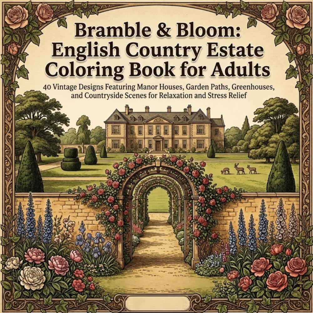 Bramble & Bloom: English Country Estate Coloring Book for Adults: 40 Vintage Designs Featuring Manor Houses, Garden Paths, Greenhouses, and Countryside Scenes for Relaxation and Stress Relief