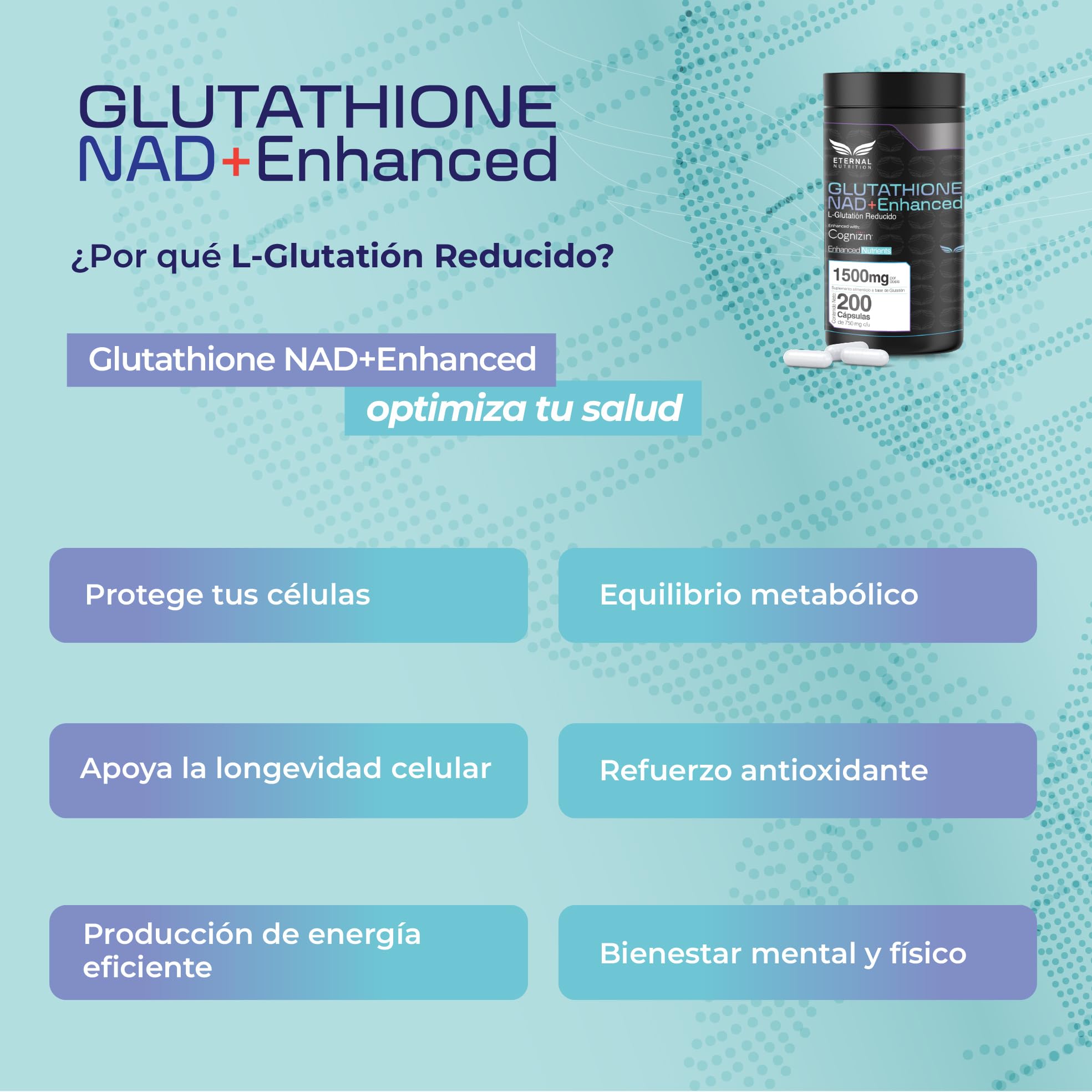 ETERNAL NUTRITION L-Glutatión con NAD+ (200 Cápsulas) | + Cognizin  Citicolina y Aminoácidos | 100 Porciones · 1500 mg | Antioxidante,  Desintoxicación y Salud Celular