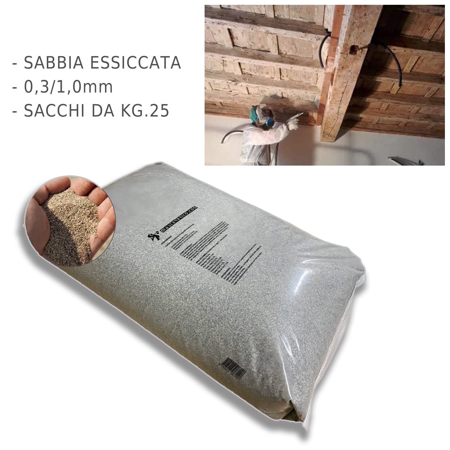 Sable pour ponceuse 0,3-1,0 mm Sac de 25 kg – Sable sec Vaga pour traitements de sablage sur bois, fer, béton et brique – Granulométrie moyenne, faible humidité