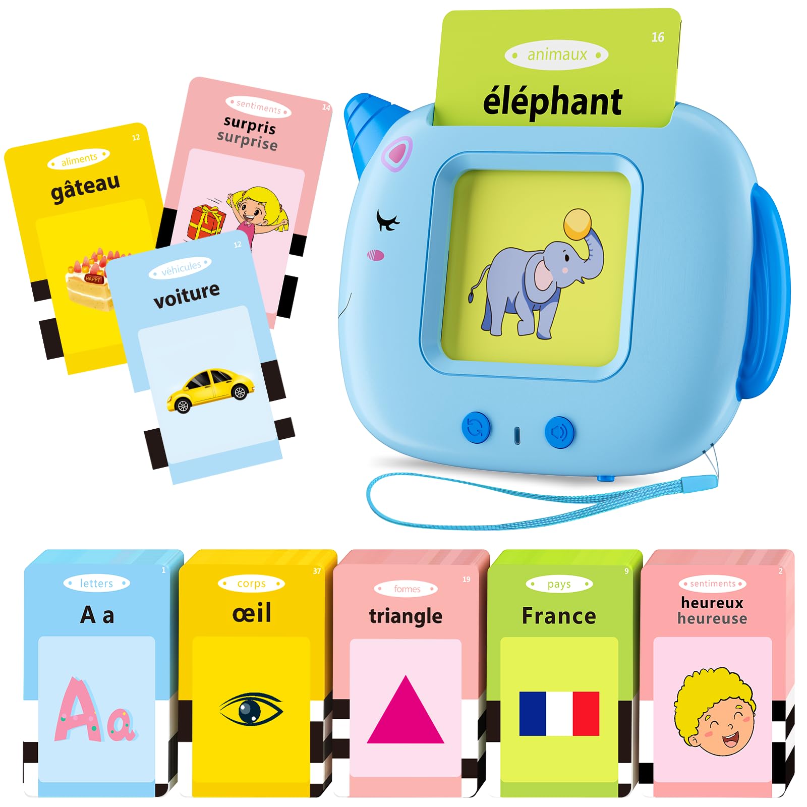 Talking Flash Cards, 420 Words Early Educational Toy, Preschool Learning Machin for 2-6 Year Old kids, Montessori Toys for Toddlers, Interactive Gift for Boys Girls (French Blue)