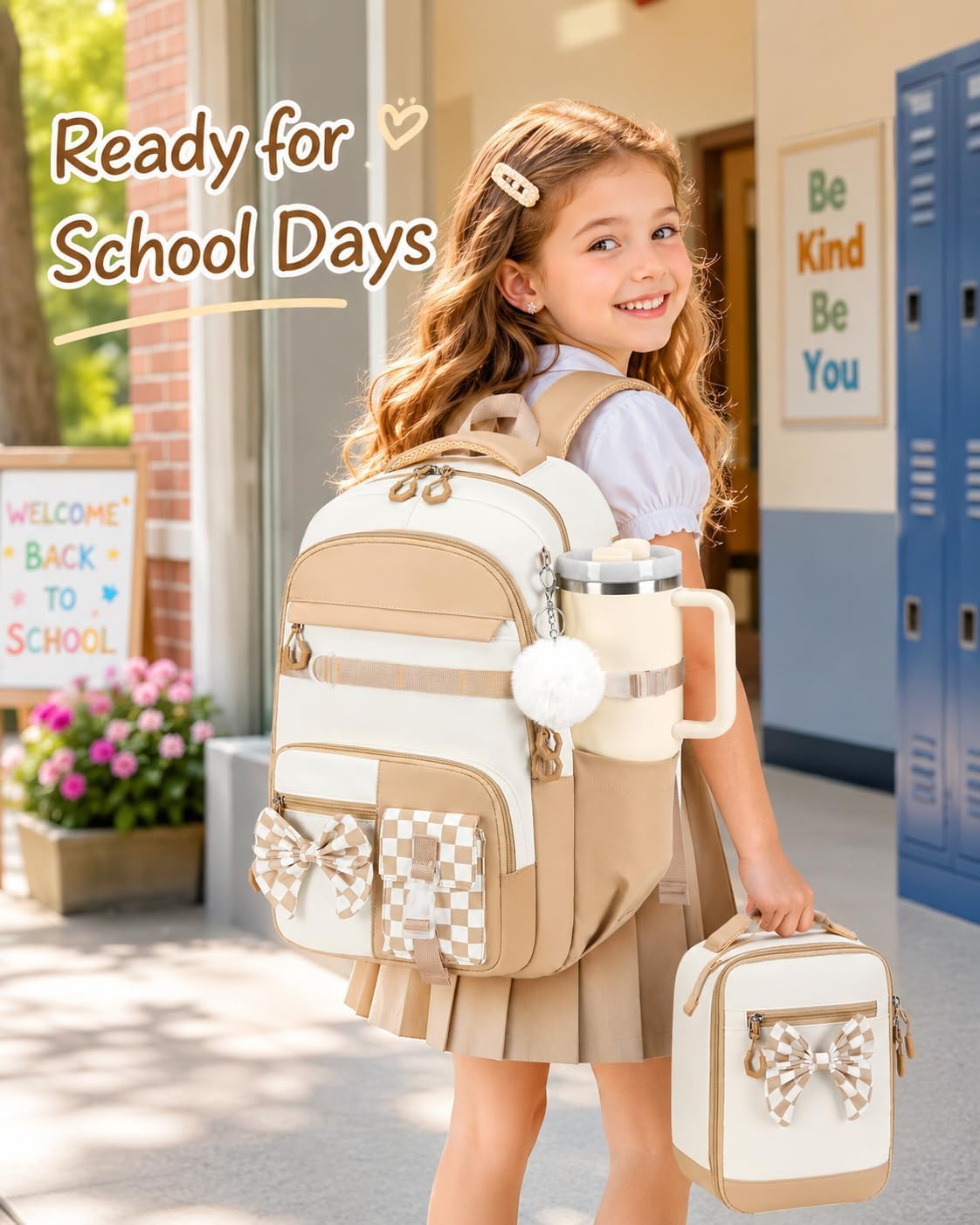 CAMTOP Girls Backpack with Lunch Box & Pencil Case Set, School Backpack for Girls with Large Water Bottle Holder Straps, Waterproof Kids Backpack, Cute Bookbag for Elementary School & Travel
