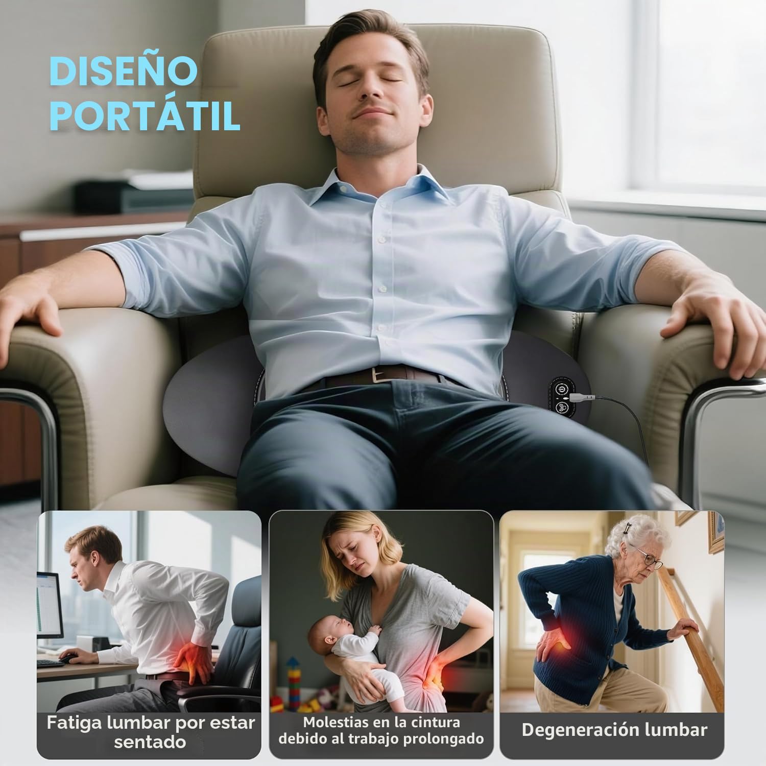 Terapia de espalda Theraback 3 en 1, nuevo masajeador de espalda Theraback 3 en 1 para alivio del dolor, masaje para ciática con tracción, vibración y calor (Black)
