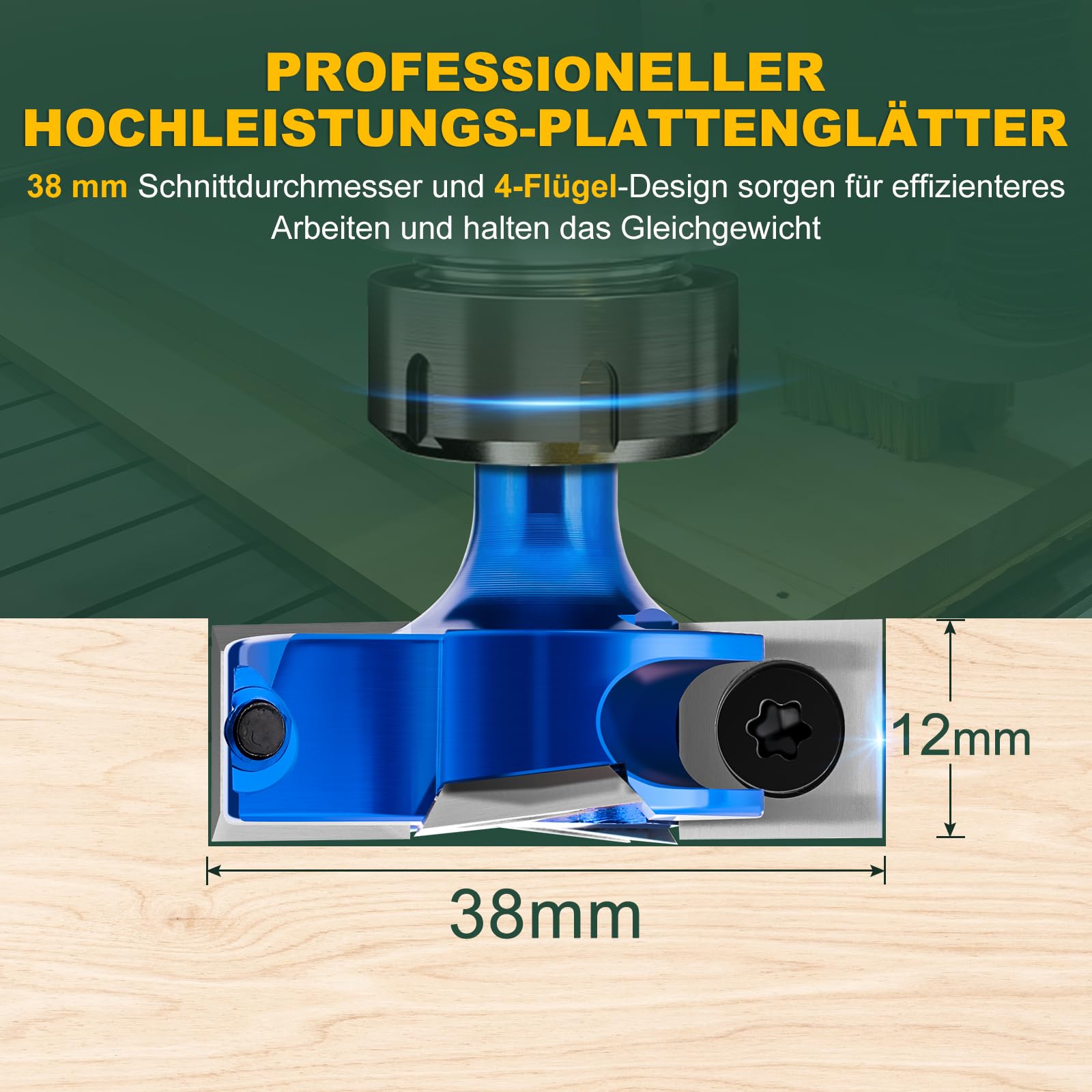 Fresa per legno per fresa superiore, fresa da 8 mm, codolo CNC, diametro di taglio 38,1 mm, con 4 piastre reversibili HM, fresa per fresatura, fresatura e fresatura dei bordi