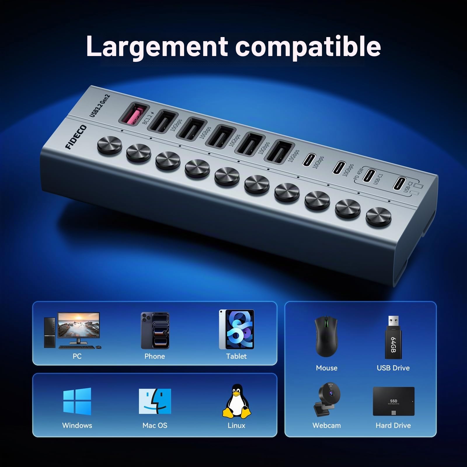 FIDECO Hub Alimenté 10 Ports 72W, Hub USB avec 1 BC1.2, 2 Ports de Charge PD 45W et 7 Ports 10Gbps USB 3.2 (5 USB-A + 2 USB-C), Hub USB en Aluminium pour Laptop, PC, MacBook, iPhone 17/16/15
