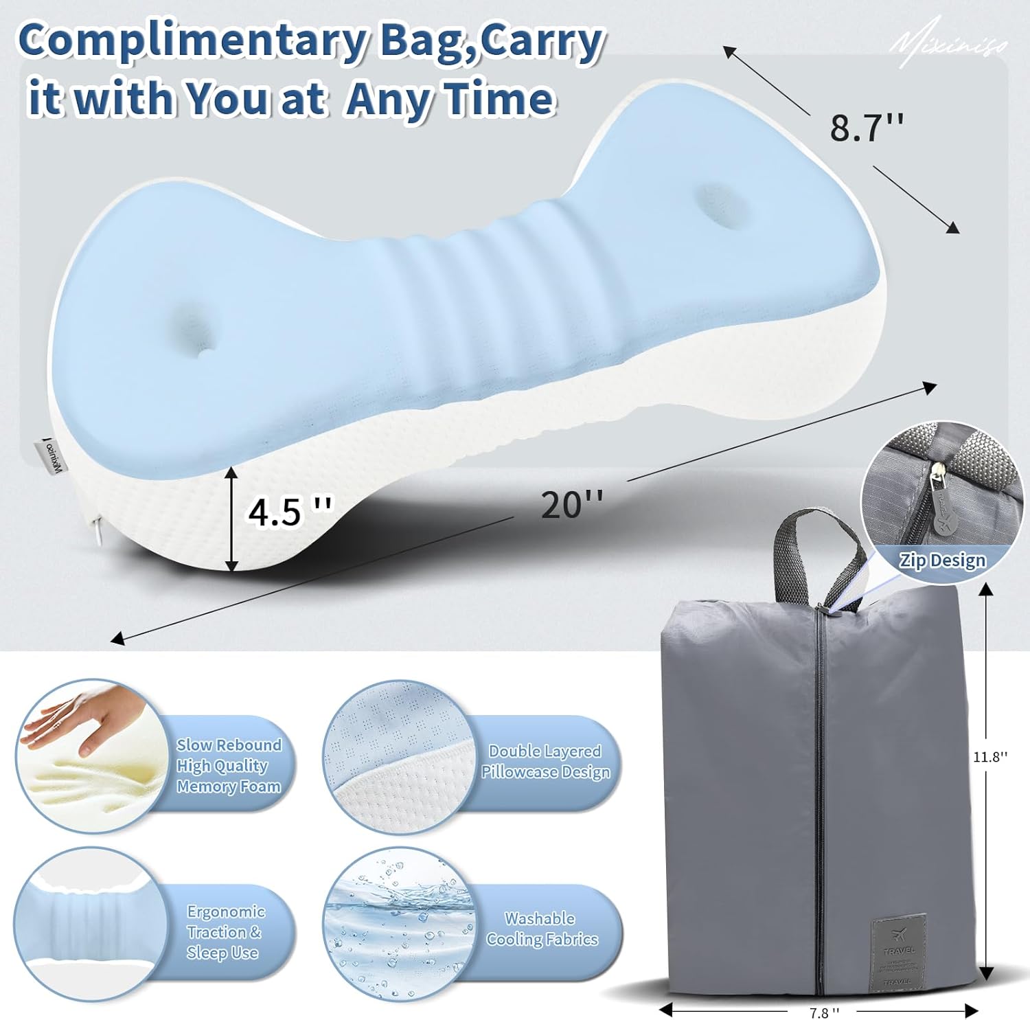 Neck Support Pillow, Small Cervical Neck Roll Pillow Memory Foam, Cervical Traction Device, Premium Neck Bolster Pillow for Side Sleepers, Camping & Travel Pillow with Portable Bag (sky blue) - Image 6