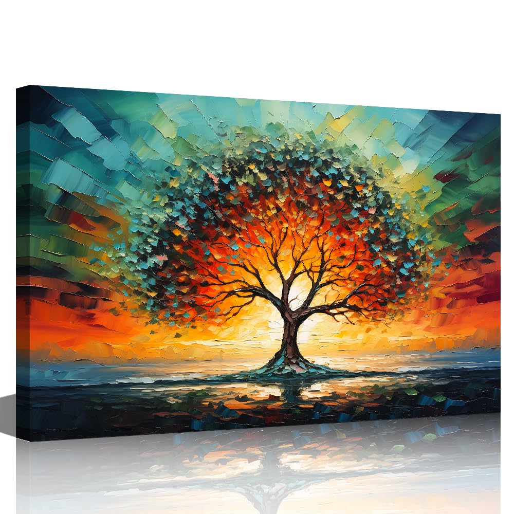 TISHIRON Colorful Tree of Life Wall Art Nature Tree Abstract Canvas Painting Tree at Sunset Oil Painting Landscape Poster Artwork for Living Room Bathroom Decor Framed Ready to Hang 16x24 inch