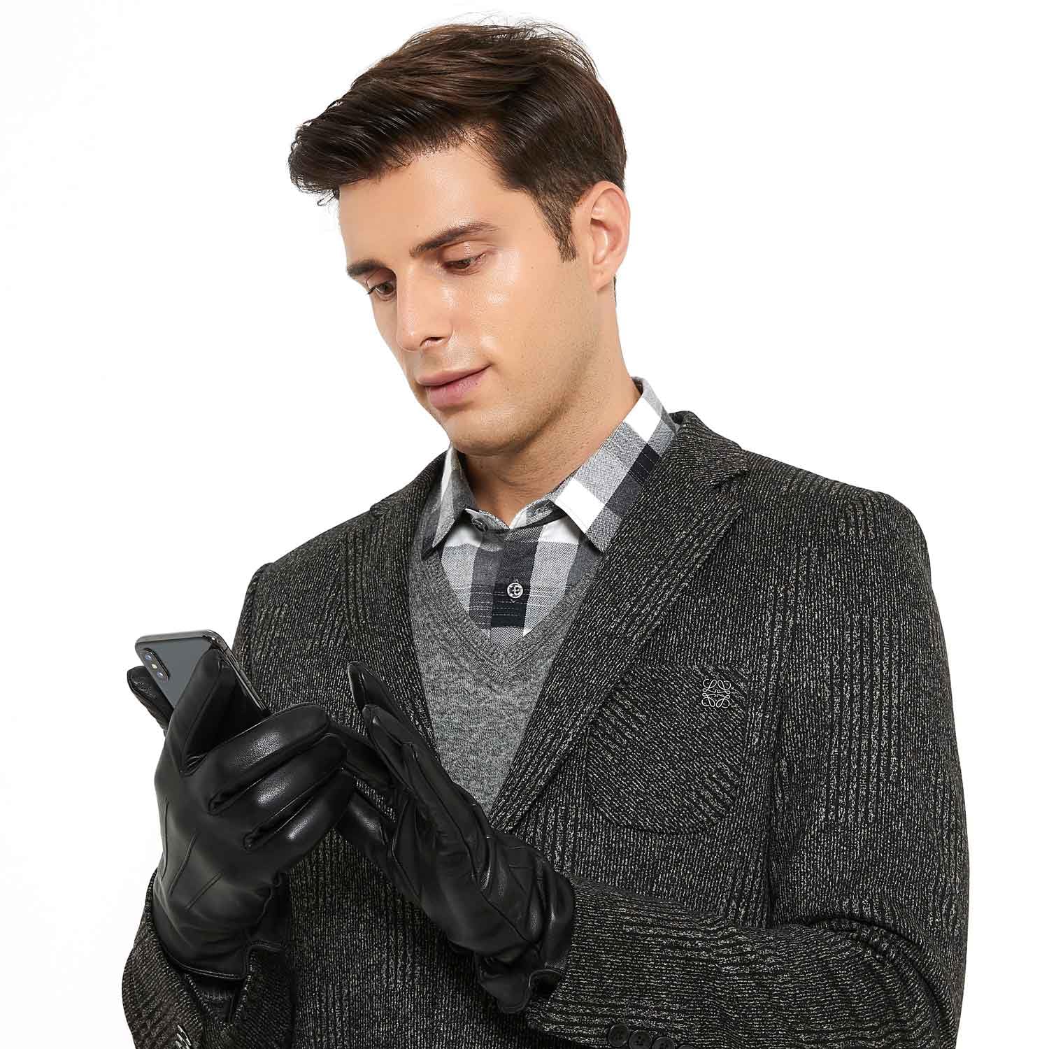 ZLUXURQ Mens Luxury Soft Lambskin Leather Touchscreen Winter Gloves Cashmere or Fleece Lined,comfortable and warm.