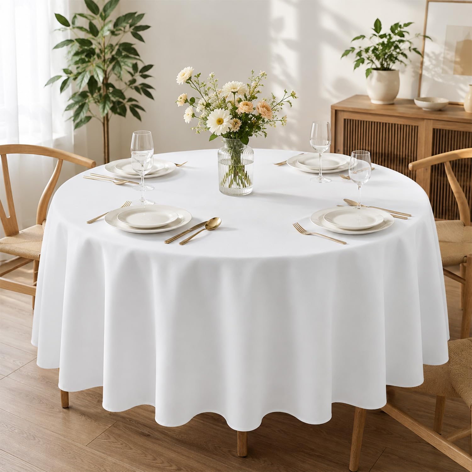 White Round Tablecloth 150cm/59 Inch, Washable Polyester Round Table Cloth