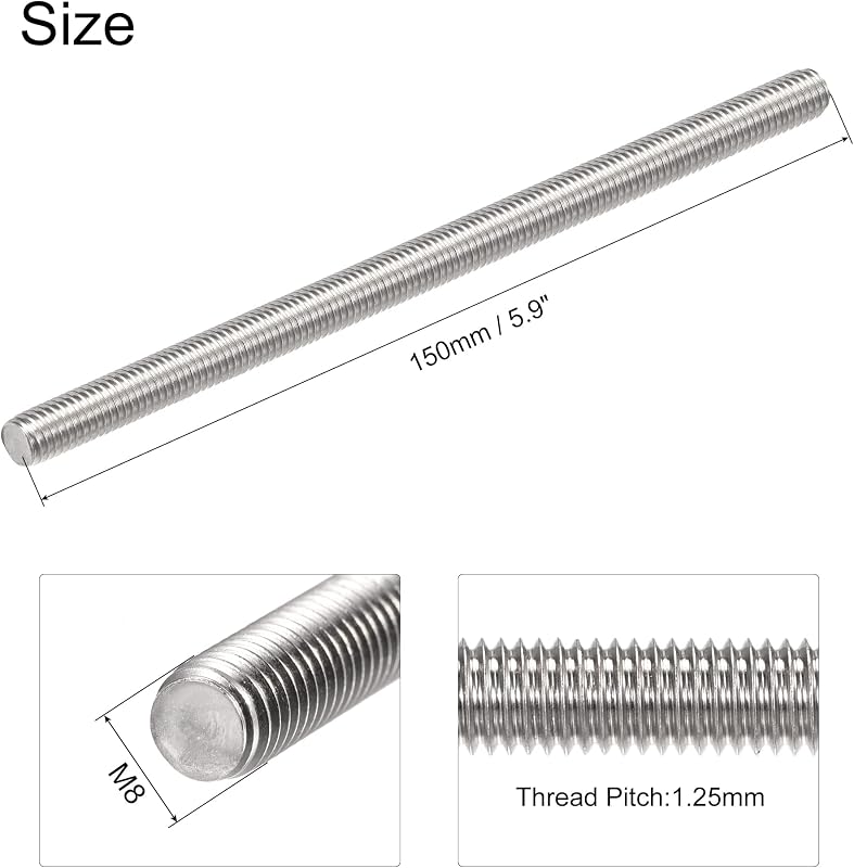 sourcing map M8x150mm Rozsdamentes Menetes Rúd 304 Inox Jobb Menet 4db - M8 x 150mm