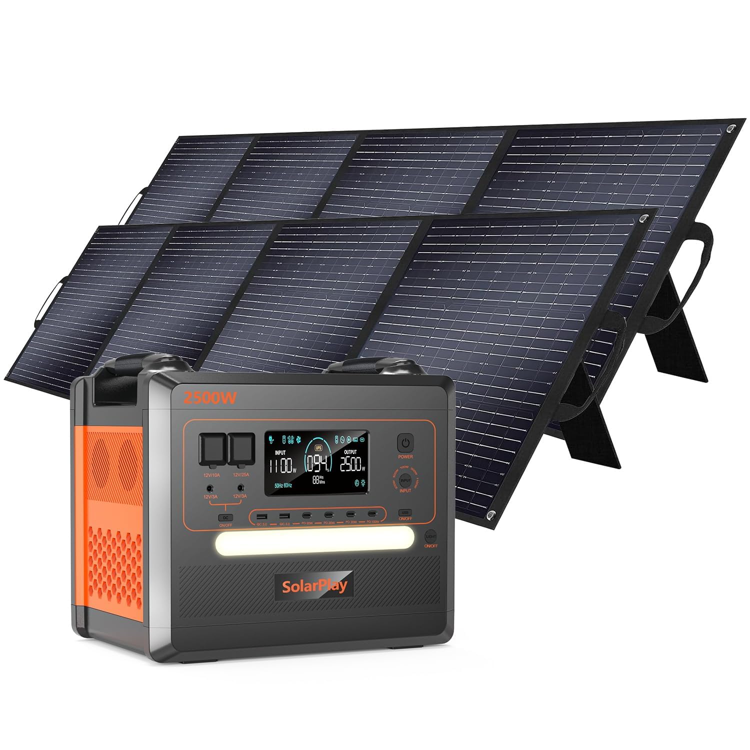 SolarPlay estacion de energia portatil Q2402M, estación de energía portátil 2304 Wh batería LiFePO4, con 2*2500W CA,UPS, carga solar máxima de 500 W, estación de energía para acampadas, Autocaravanas