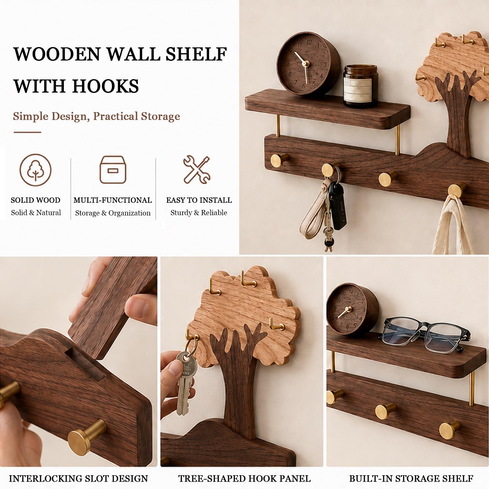 Mensola da Parete in Legno con Ganci - Legno Massello e Ottone, Design ad Albero, Soluzione Multifunzionale per Ingresso, Camera da Letto e Bagno - 41cm & 57cm(4 hooks)