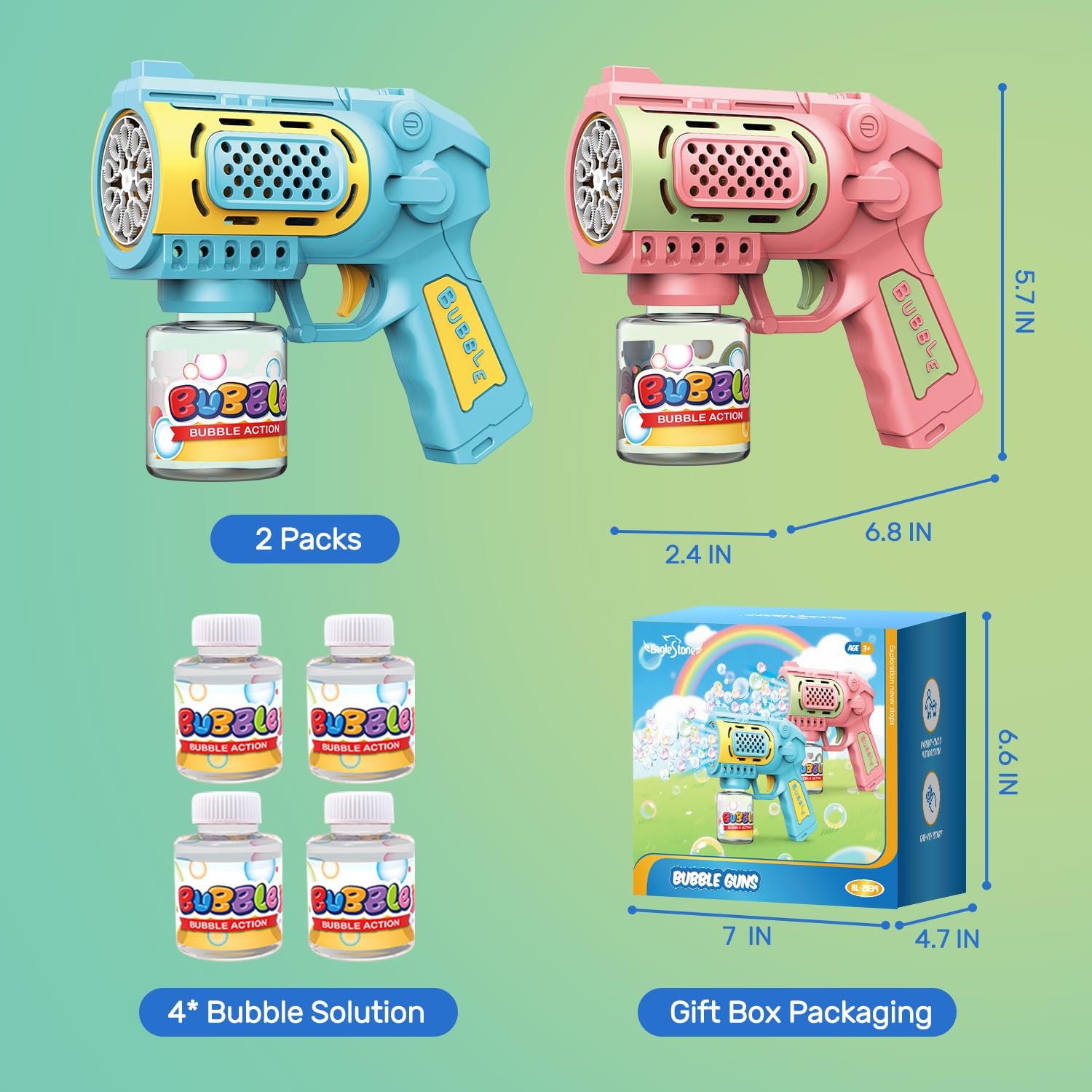 EagleStone Bubble Gun Toys for 3+ Year Old Kids Boys Girls, 2 Pack Automatic Bubble Machine with Bubble Solution, Summer Outdoor Kids Toys for Ages 3-4,4-6,5-7, Birthday Gifts for 3 4 5 6 7 8 Year Old