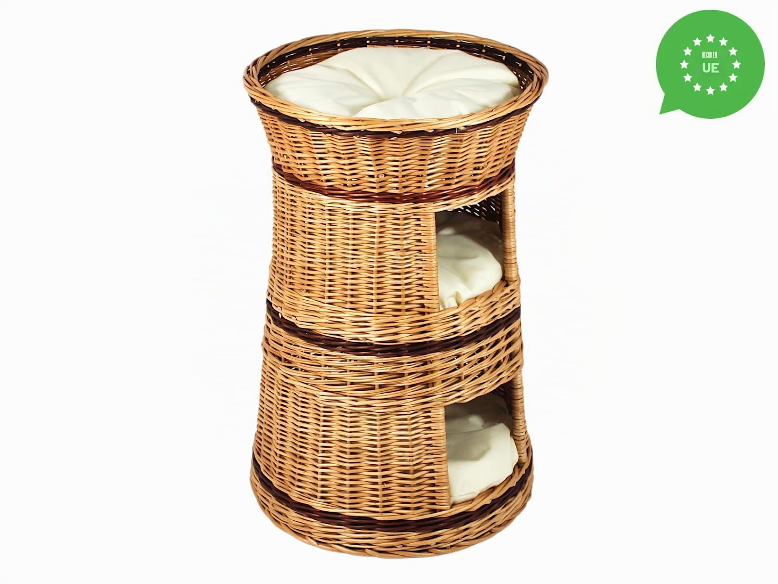Cesta de mimbre de tres niveles para gatos y perros, color mimbre natural, con cojín, color beige