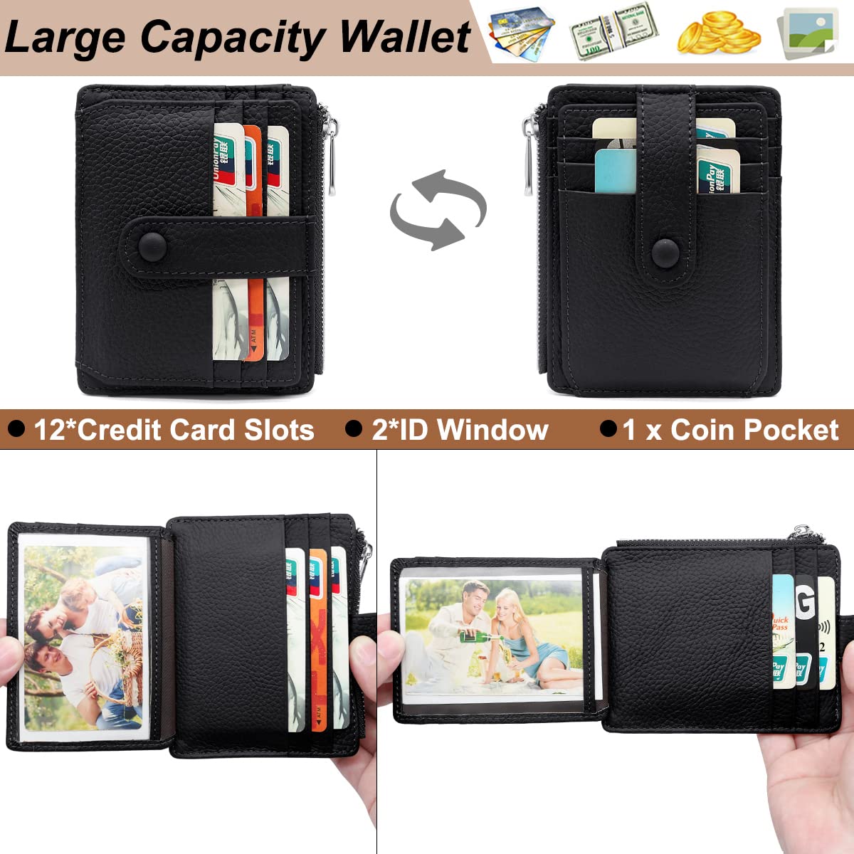REETEE Portfel damski i męski, mały, z prawdziwej skóry, etui na karty, ochrona RFID, 14 przegródek na karty, Slim Wallet na prezent, czarny, M, minimalizm