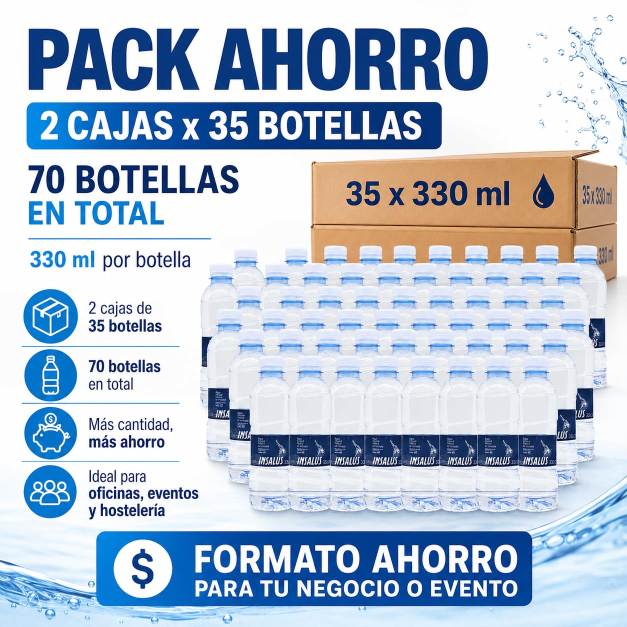 Agua Mineral Natural Insalus 330 ml – Pack 70 Botellas (2 packs de 35 botellas, 23,1 Litros) – Bajo Sodio, pH 7,4, Sin Gas – Ideal para Llevar, Oficina y Eventos