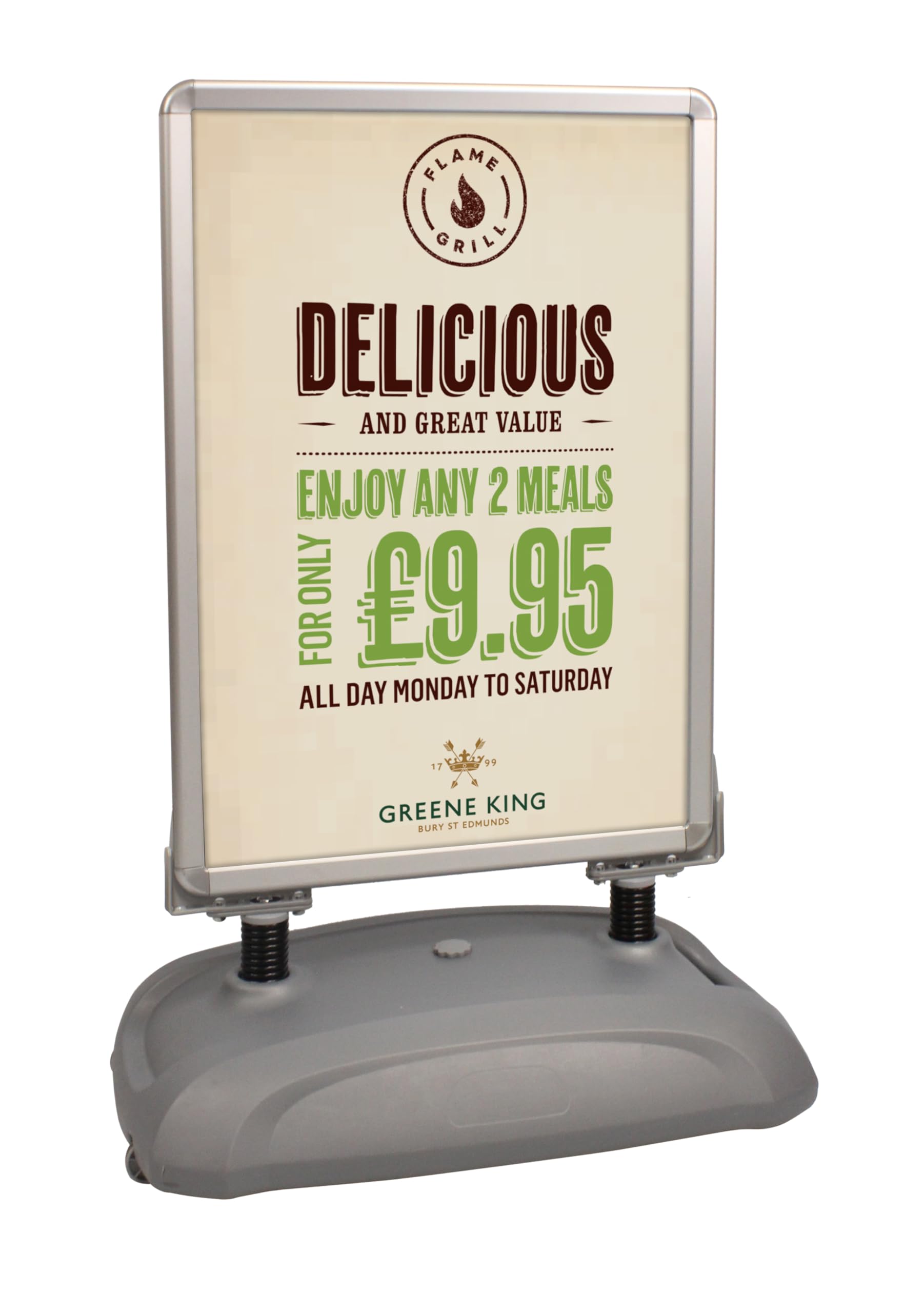 Display Genie Spring Waterbase Pavement Sign with Aluminium Clip Frame – Poster Display Stand – Ideal for Forecourts, Entrances, Retail Spaces & Car Parks (Silver) (A0)