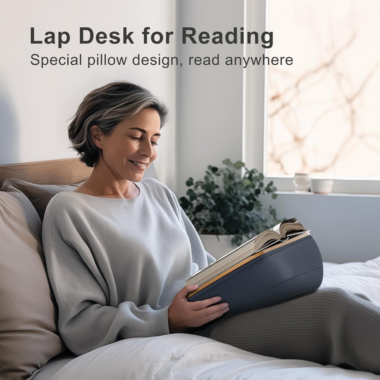 Support de livres pour la lecture, Coussin Porte de livres confortable pour canapé, lit, bureau, cadeau pour les amoureux des livres, compatible avec ordinateur portable et tablette (Gris)
