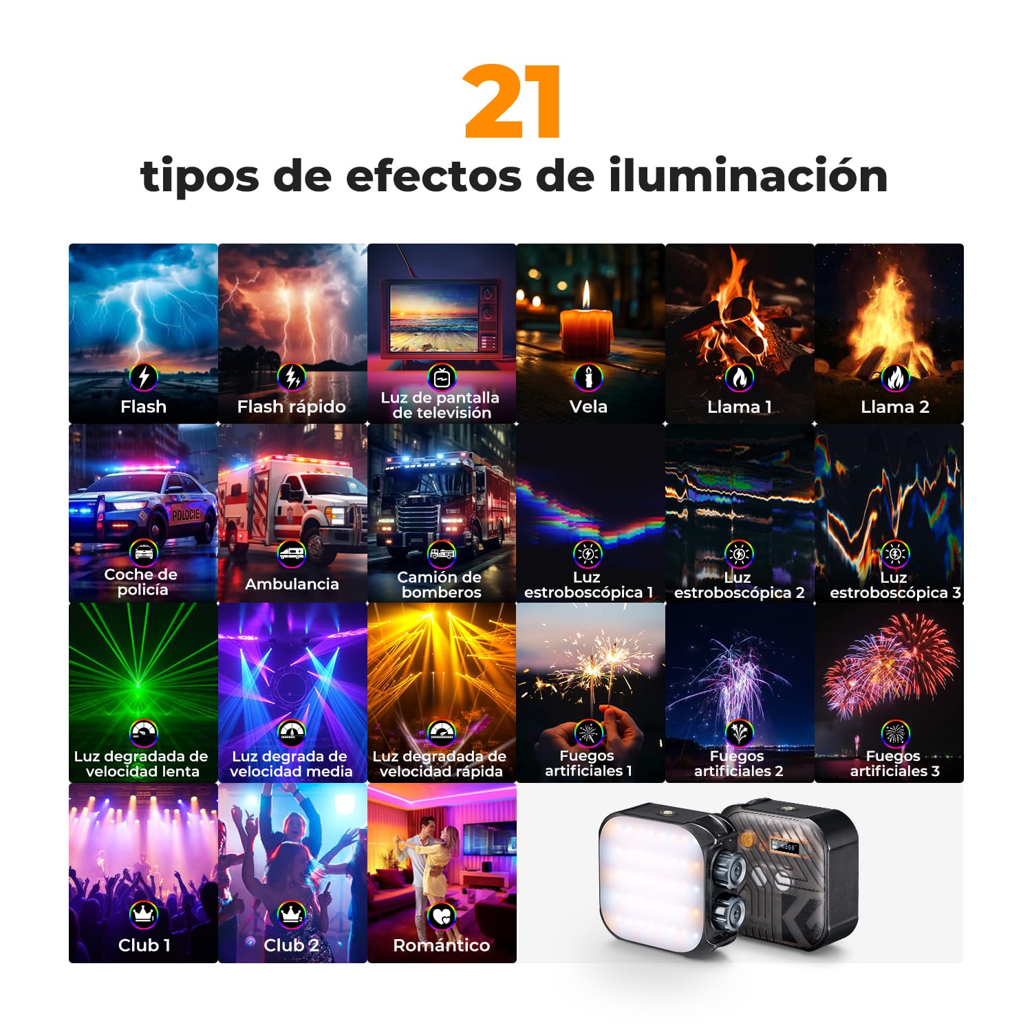 K&F CONCEPT Luz de Vídeo RGB 360° 2500K-9900K para Fotografía | 60 LED, 21 efectos luz, CRI 96+, batería 2000mAh, mini portable, vlogging selfie, negro, L01