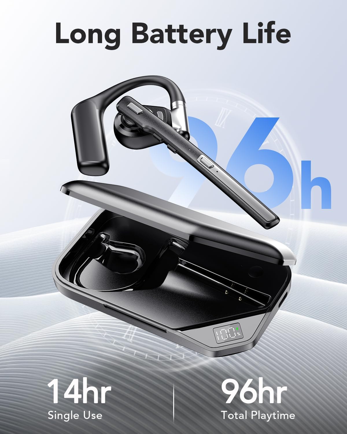 Bluetooth Headset V6.0, Open Ear Wireless Earpiece with Noise Canceling Mic, 96H Talking Time with the 950 mAh Charging Case for iOS Android Laptop, Headphones with Mute Button for Trucker Work