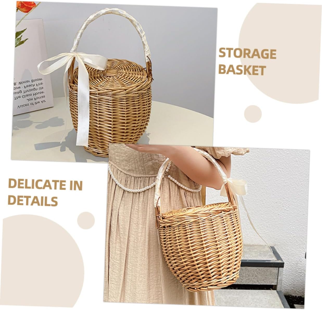 Handwoven Multi-Function Picnic Basket with Lid Lightweight French-Style Food Carrying Basket Outdoor for Travel and Garden Use