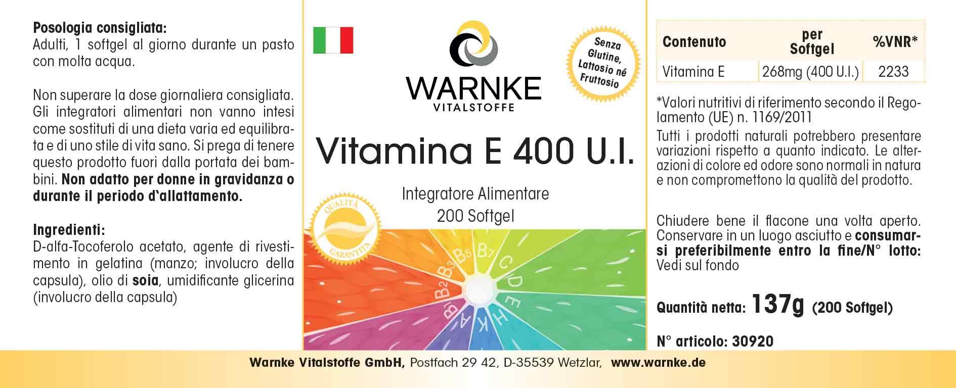 Vitamine E 400 U.I. - 200 softgels pour 200 jours, antioxydant, emballage en gros | Warnke Vitalstoffe - Qualité des pharmacies allemandes