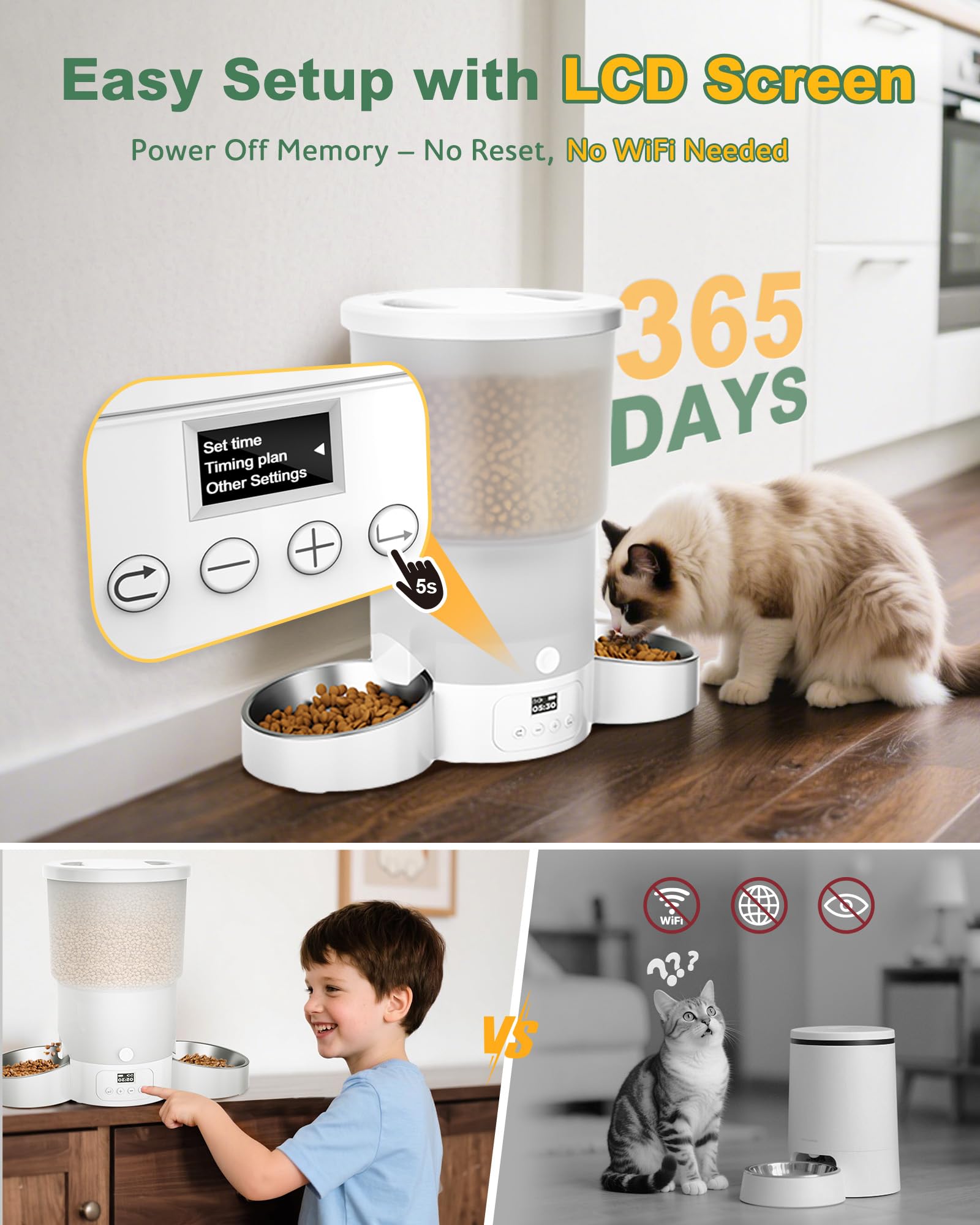 Gimars 5L Comedero Gato Automatico 2 Cuencos Inoxidables, Fácil De Configurar, Temporizador Programable 1-6 Comidas al Día Dispensador Comida Gatos y Perro en Diseño Sellado, Grabación Voz 10s
