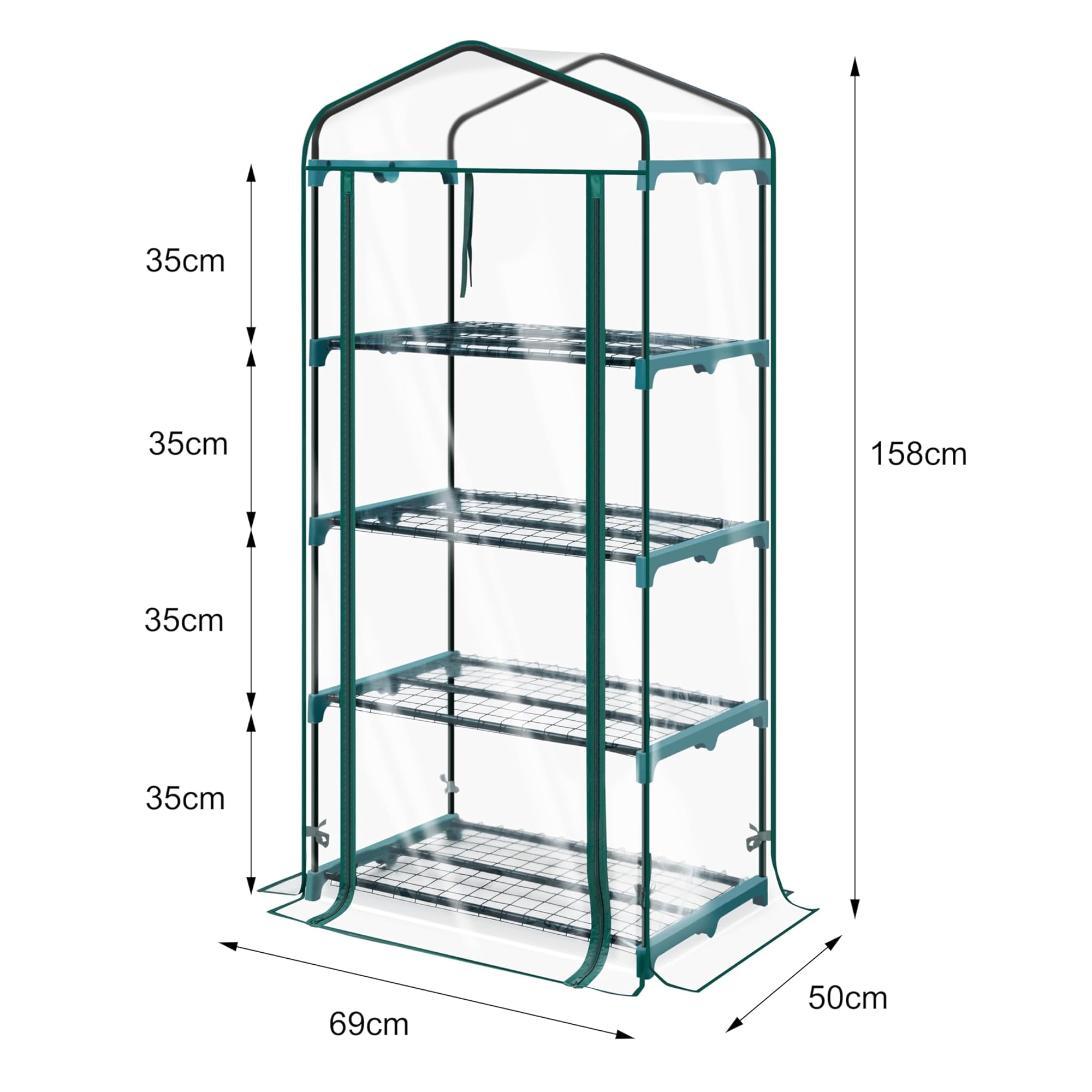 KANWOD KGAGH-1550 - Serra da Giardino con 4 Ripiani, con Porta Arrotolabile, Trasparente, Stabile e Facile da Montare, Serra per Piante da Esterno per Balcone, Terrazza e Giardino, 158 x 68 x 50 cm
