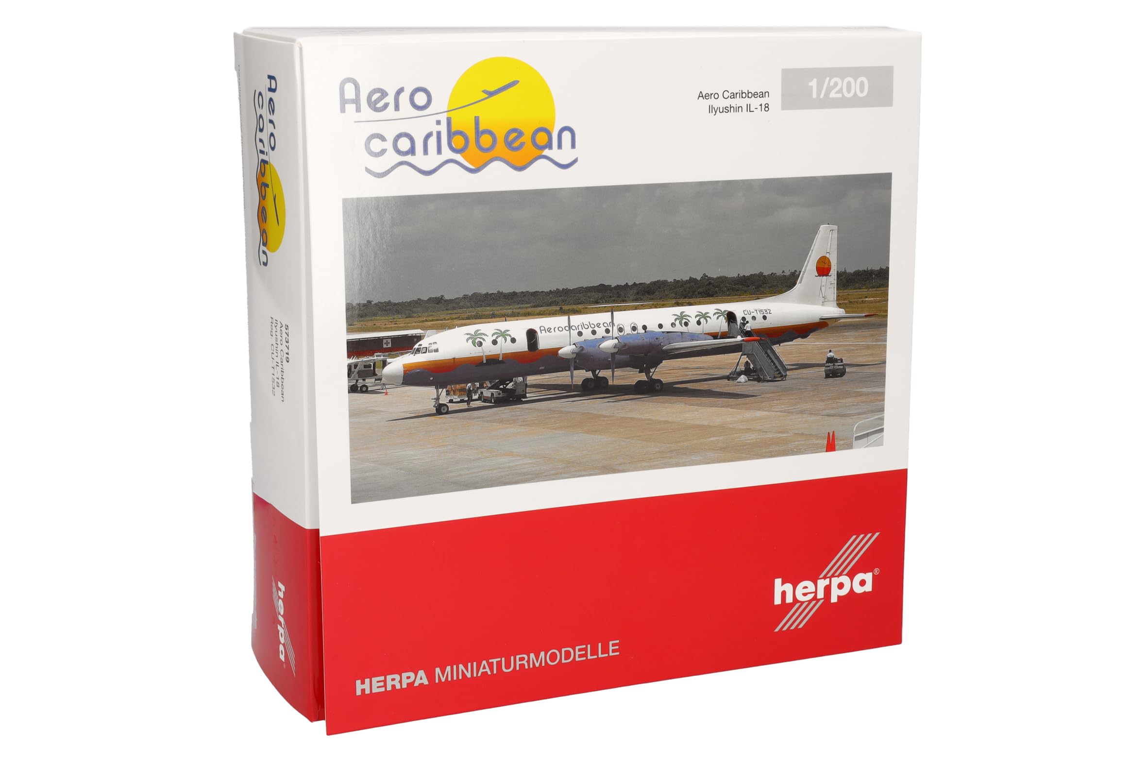 Herpa Modellflugzeug Aero Caribbean Ilyushin IL-18 Miniatur im Maßstab 1:200, Sammlerstück, Flugzeug Modell mit Standfuß, Metall