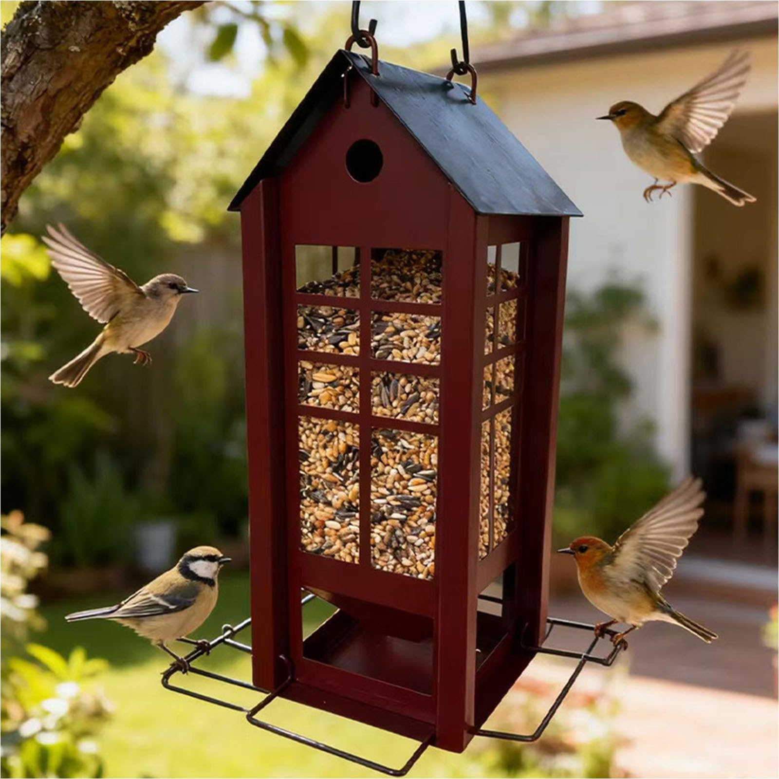 Attraente mangiatoia per uccelli in metallo rosso o con ampio supporto per cibo per uccelli selvatici nei giardini Fornitore per esterni Cortile riempimento semplice