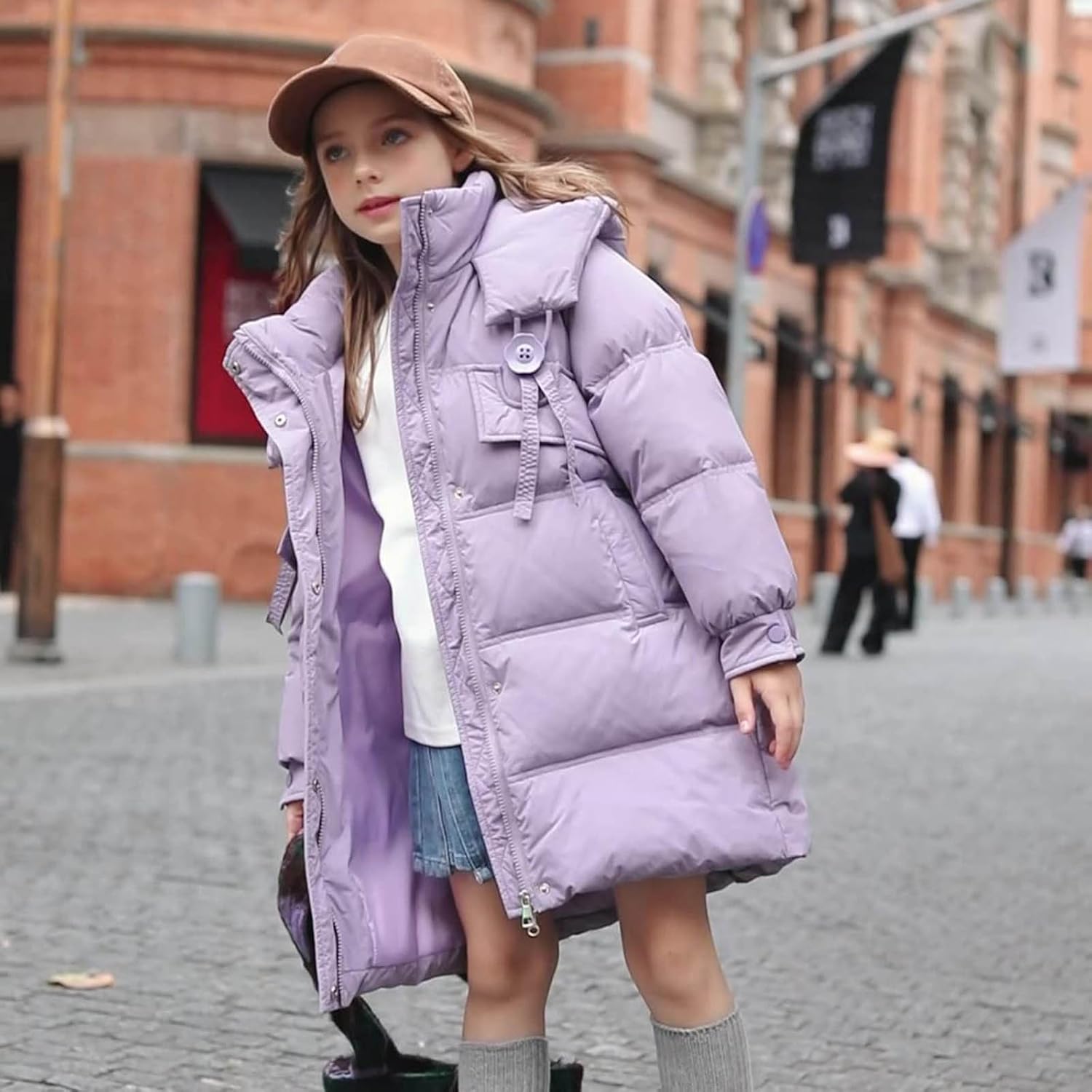 Mid-Length Puffy Jackets for Girl:Fashion Zip up Lightweight Winter Warm Thicken Quilted Down Coats Hiking Outwear