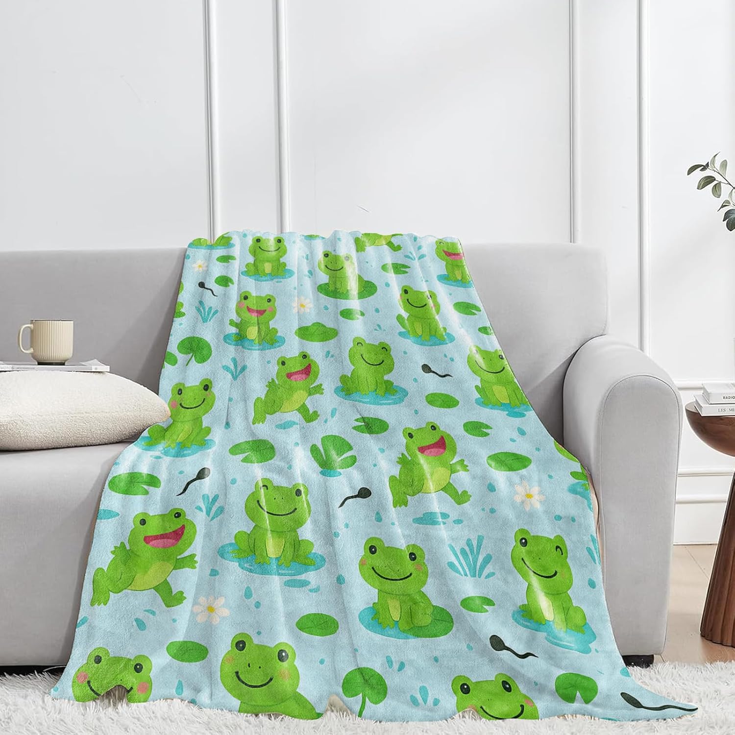 Cute Cartoon Frog Flannel Blanket,Playful Frogs and Lily Throw with Light Blue Background,Fun Animal Throws,Lightweight Fleece Blankets for Adults,Couch,Cabin,Bed,Camping Decor Gifts,60x50in - Image 2