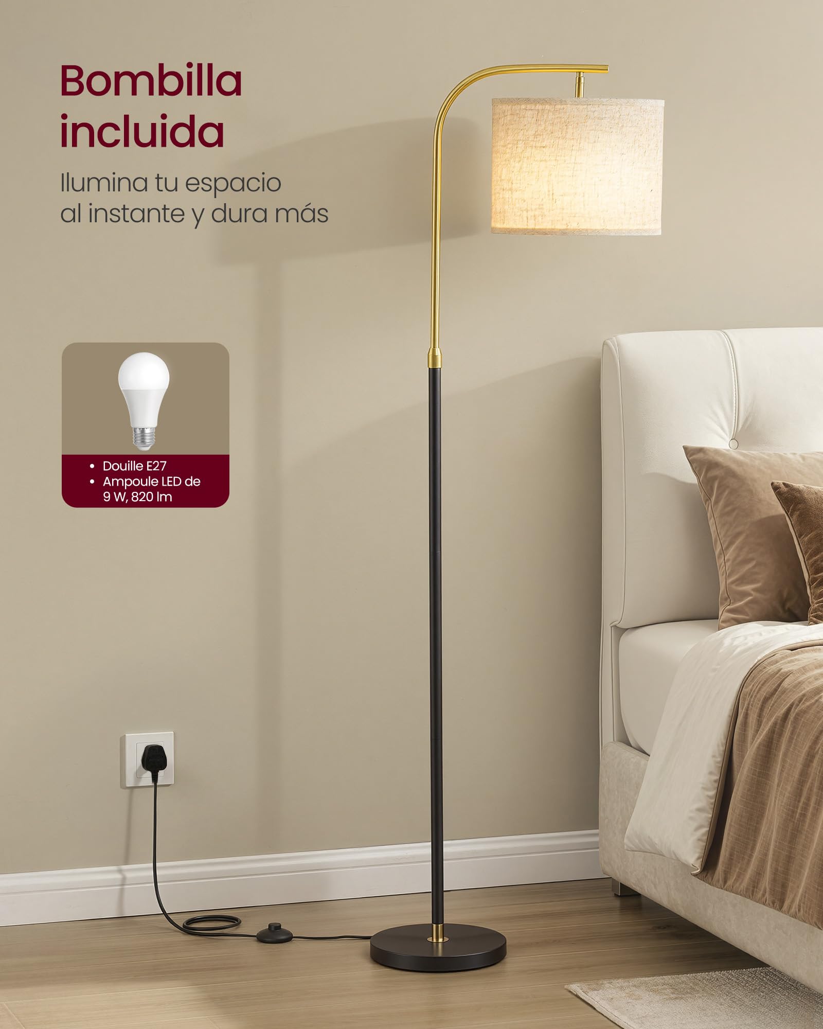 VASAGLE Lámpara de Pie de Arco, Lámpara de Lectura Regulable en Altura, 150-175 cm de Altura, Moderna, con Interruptor de Pedal, Pantalla de Tela, Casquillo E27, Negro Mate LFL006BD02