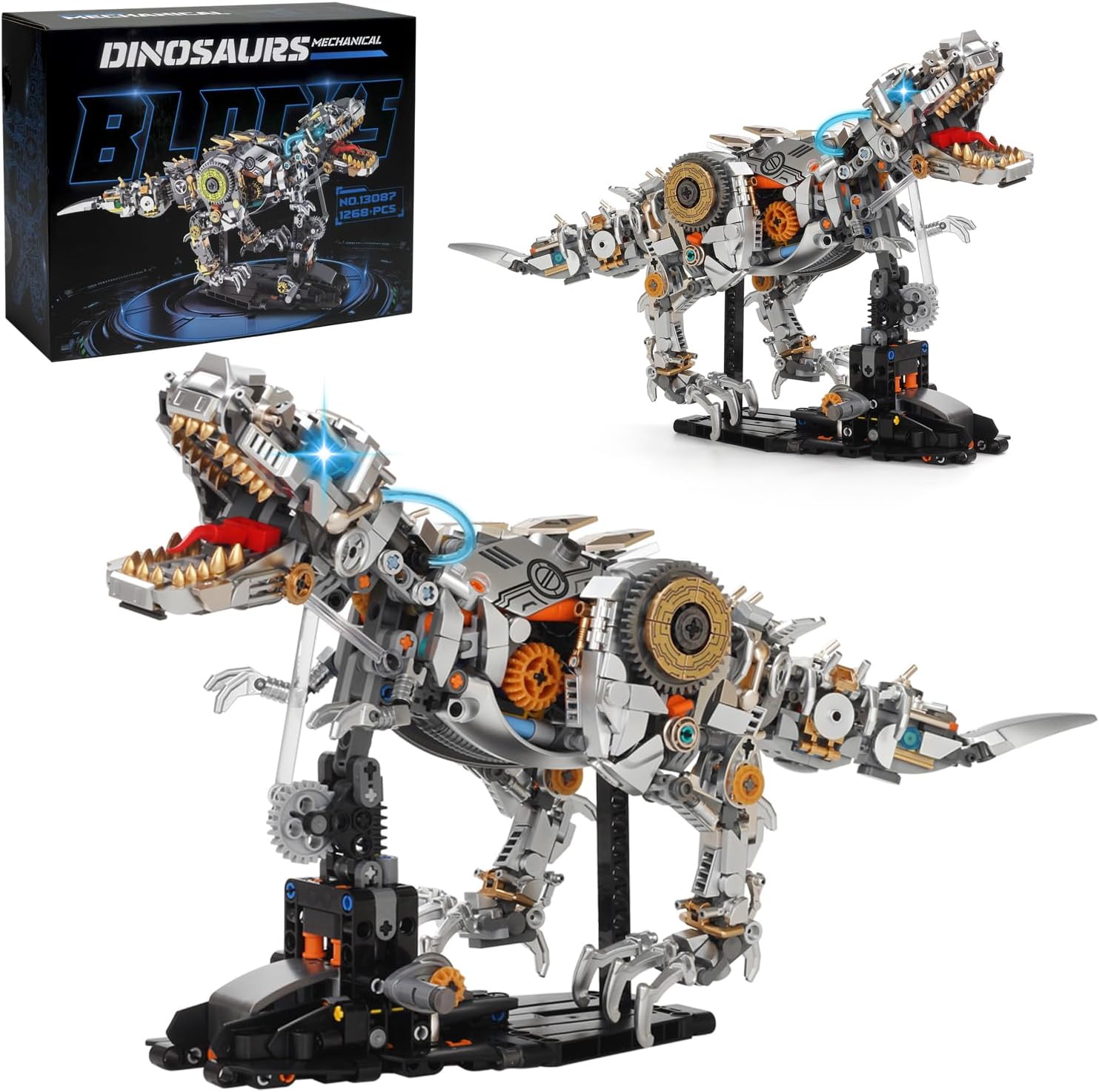 Mechanical Dinosaur Building Blocks Linkage Kit, Jurassic Animal Tyrannosaurus Rex Model with Lighting & Display Stand, STEM Toy DIY Desktop Ornament for Kids Ages 12+, Birthday Gift Idea