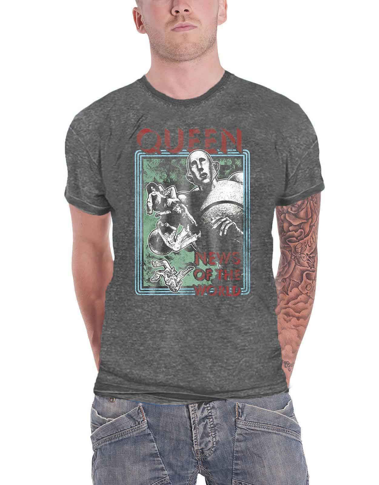 Queen T Shirt News of The World Band Logo Official Mens Charcoal Grey Burn Out M