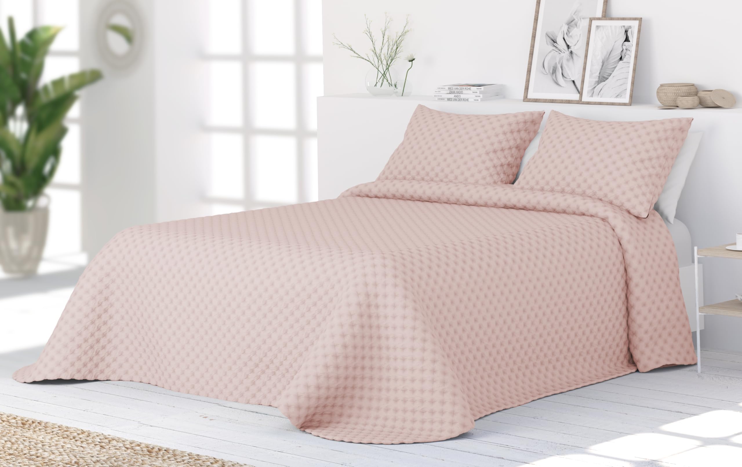 Liniva Home Colcha Bouti Lavada Termoselladapara Verano y Entretiempo. 100% Microfibra Tacto Extra Suave - Modelo Santorini - Incluye Una Funda de Cojín. (Santorini - Rosa, Cama 90cm)