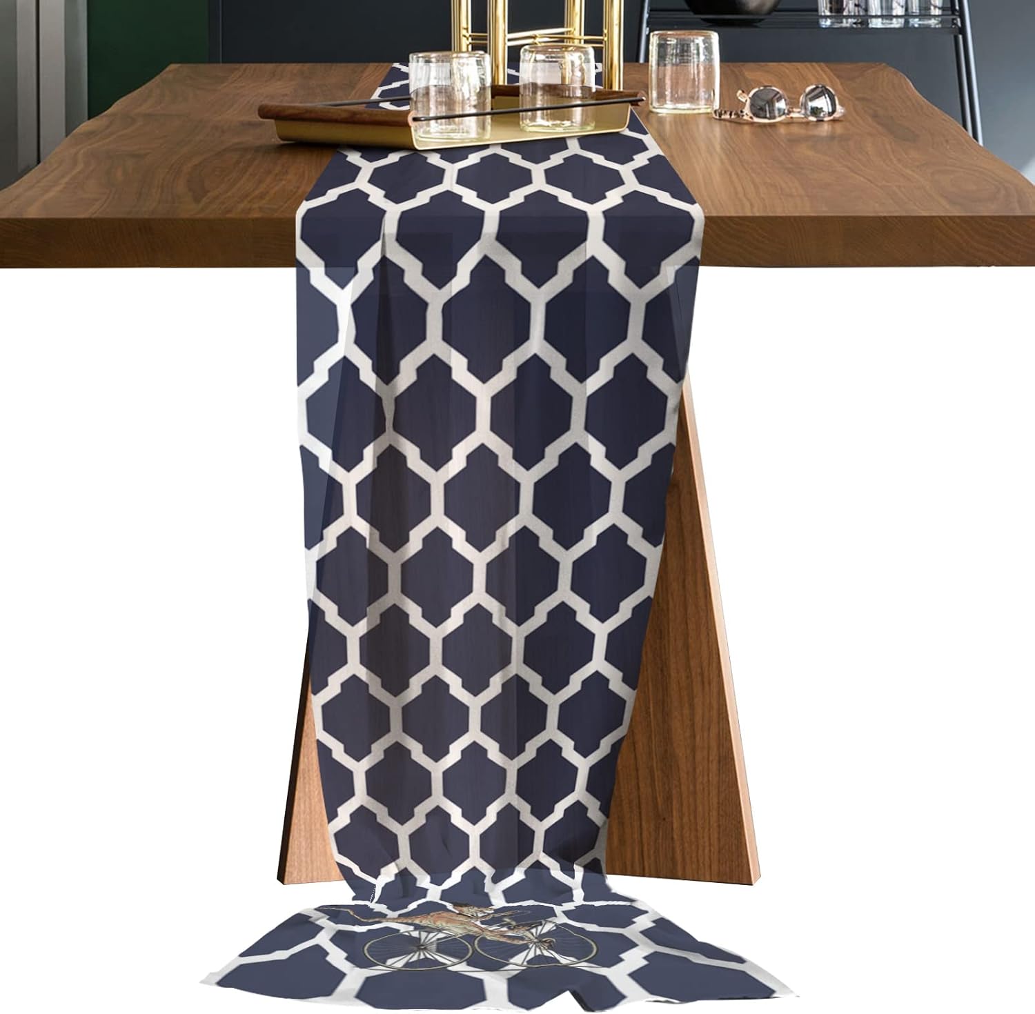 Double Love Geometric Navy Blue Chiffon Table Runner 55