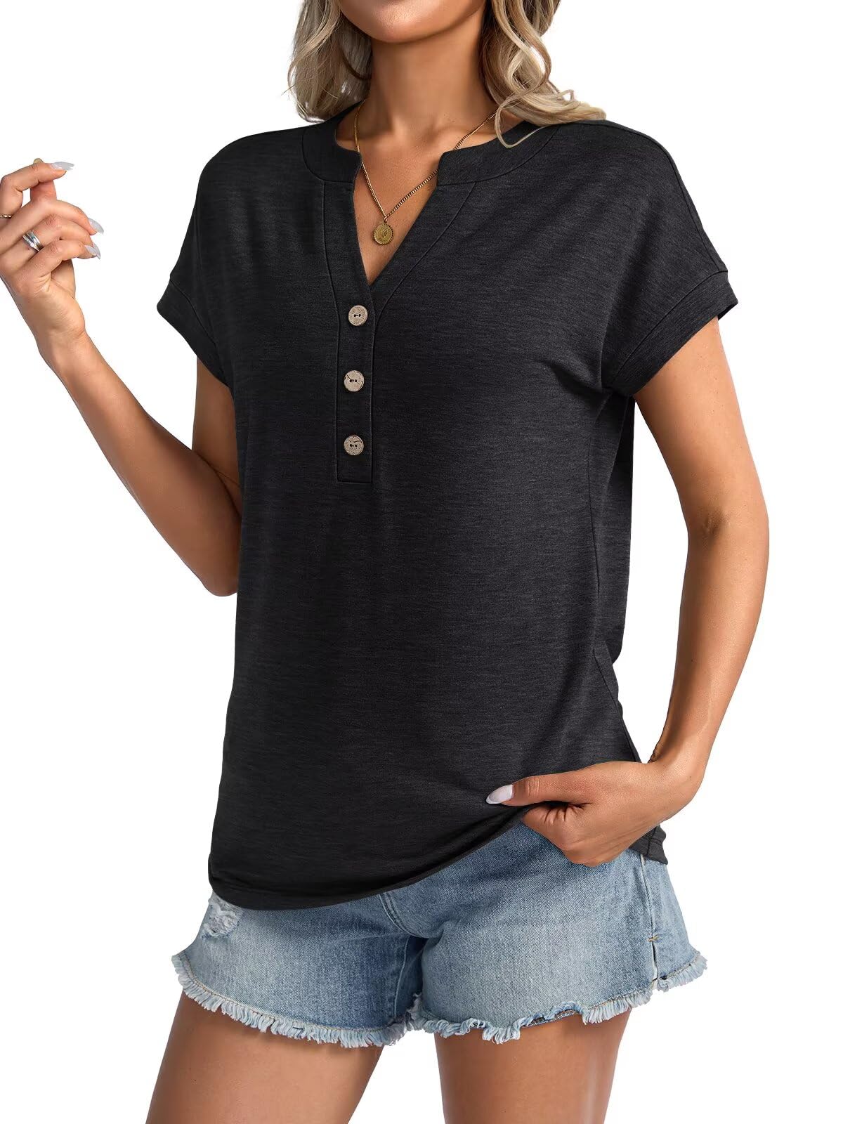 EasyGala Camiseta de manga corta con cuello en V para mujer, estilo casual, holgada, básica, para el trabajo, ropa de moda 2025