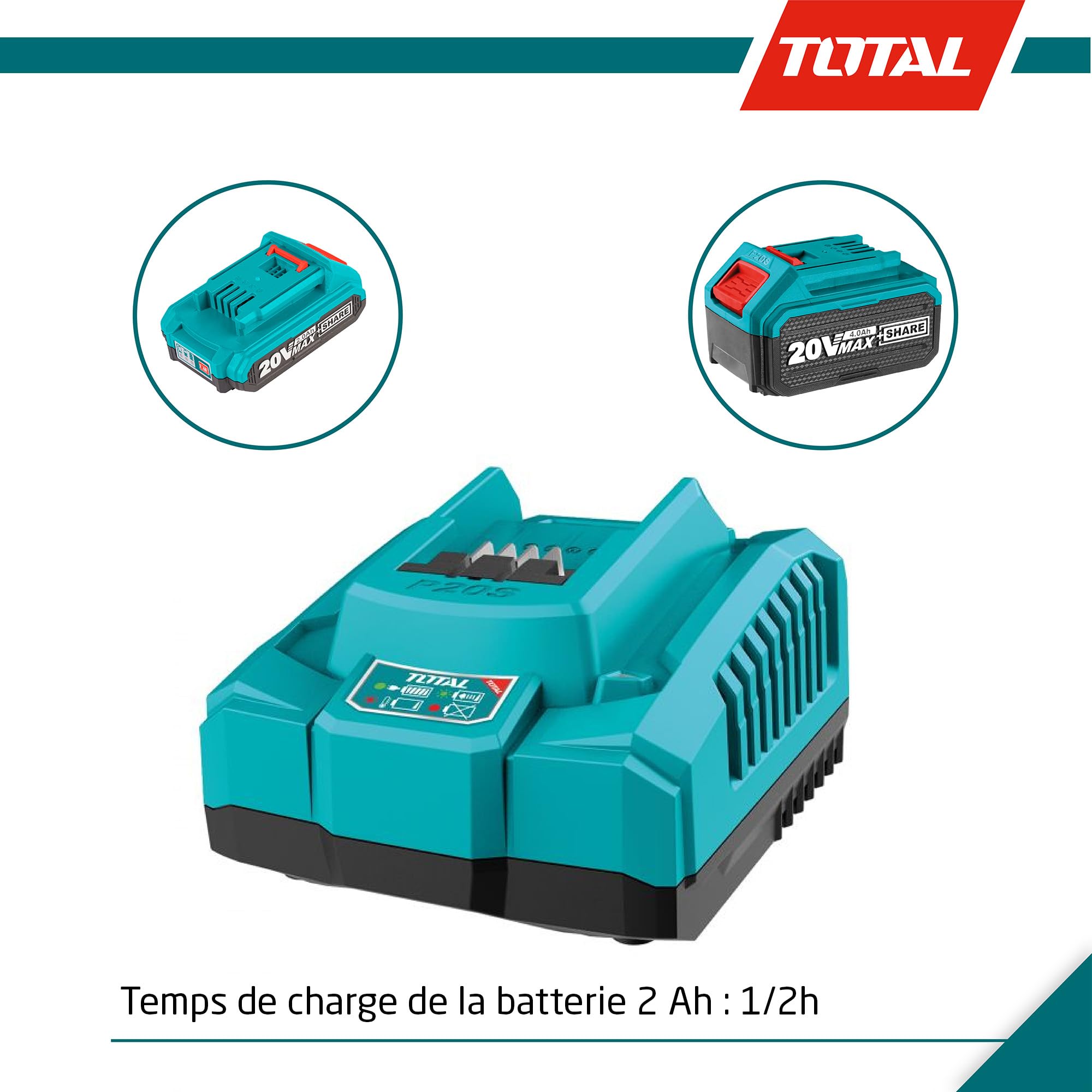 Total Tools - Chargeur Rapide pour Batterie 20 V, Chargeur pour Outils Électroportatifs, Vitesse de Recharge : Batteries 2 Ah en 1/2 h, Compatible avec Outils Électriques P20S