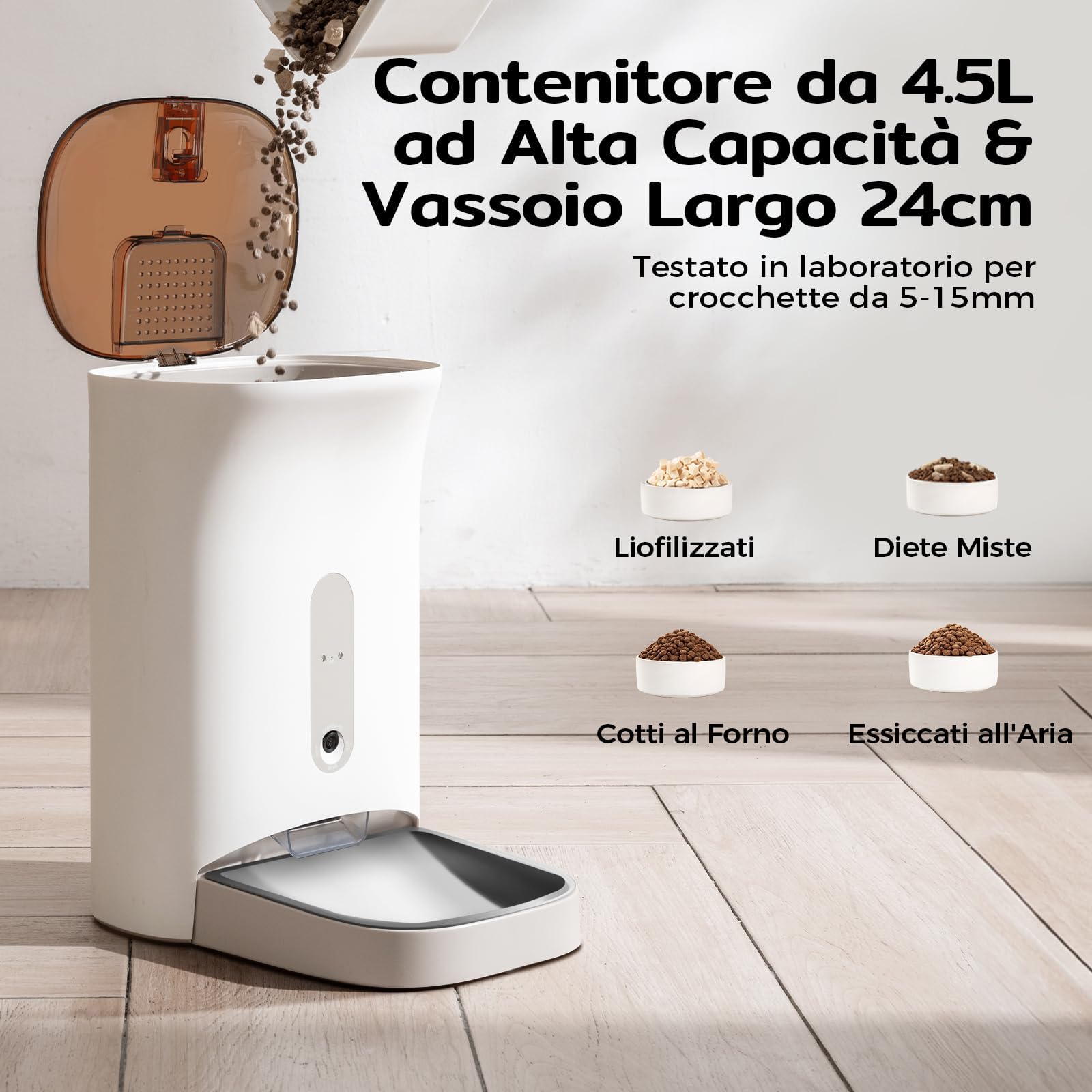 F1 Pro Distributore Automatico Cibo Gatti e Cani 4.5L con Telecamera HD 2K & Visione Notturna a 160°, WiFi 2.4G/5G, Antiblocco, Freschezza Tripla, Controllo APP, Ciotola in Acciaio Inox (F1 Pro 1)