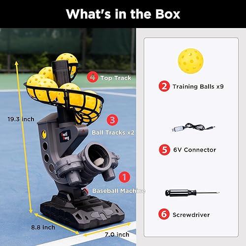 Miniatura 4 de Furlihong Máquina de pickleball 388PBH, 4 ángulos ajustables, incluye 9 bolas de pickleball, alimentada por banco de energíabatería, para
