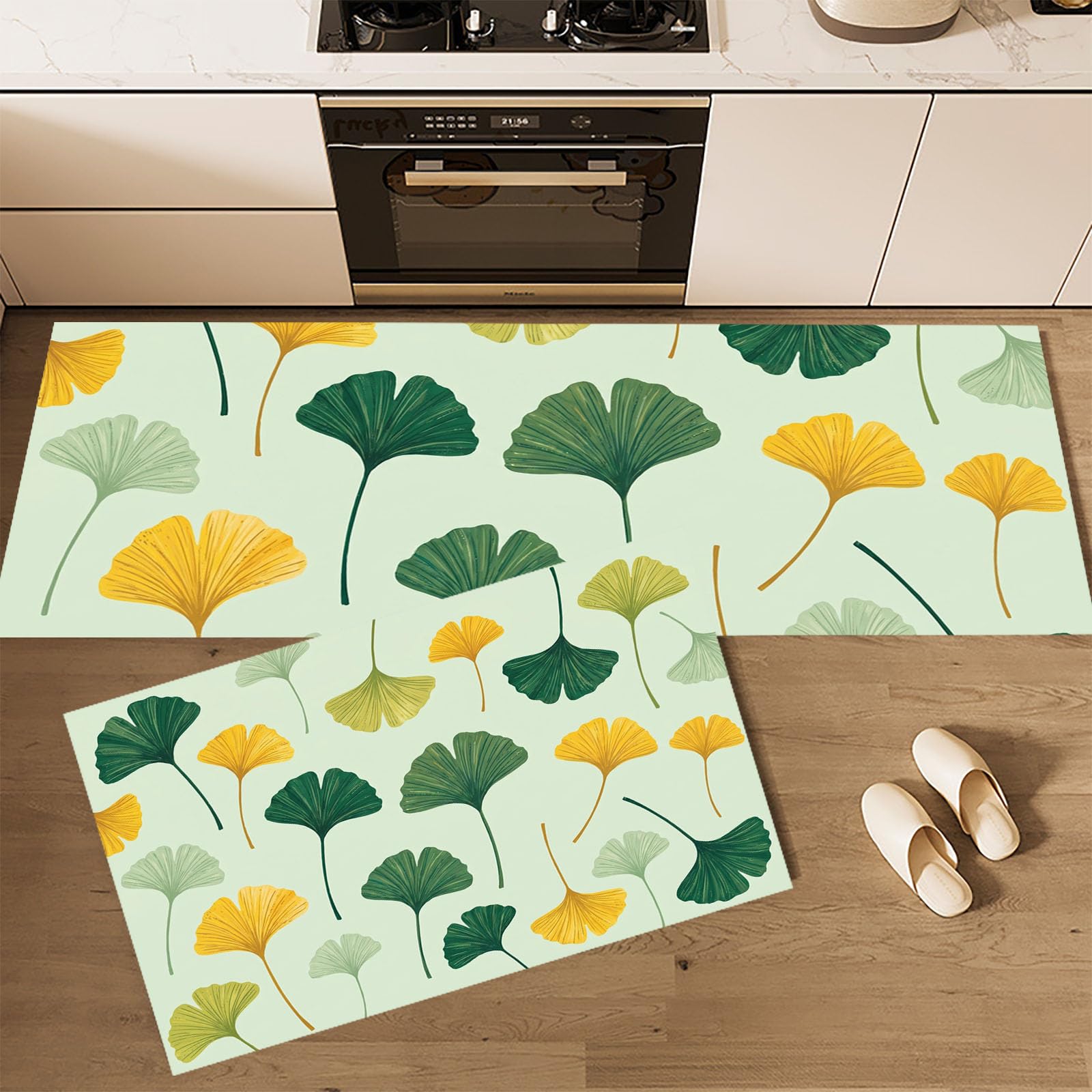 Juego De 2 De Alfombras De Cocina Tema De Hojas De Ginkgo Rural | Alfombra Antideslizante Lavable para Cocina, Plantas Frescas Conjuntos Absorbentes para Pasillo Entrada, Verde Salvia