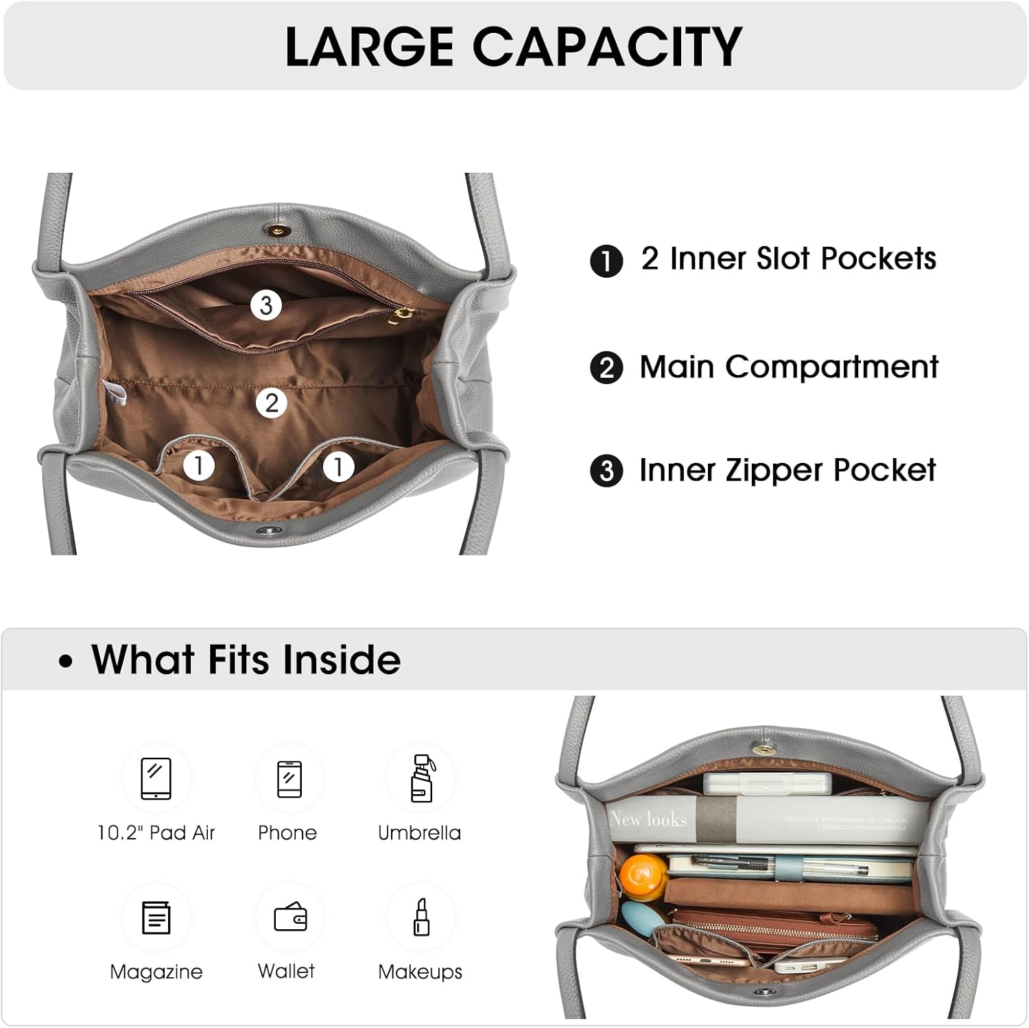 Kattee Leather Tote Bags for Women, Casual Shoulder Hobo Purses and Handbags, Top Magnetic Snap Closure - Image 4