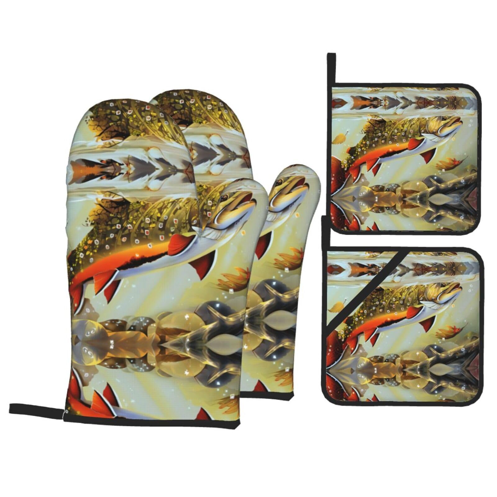 WHJSSF Brook Trout Fly Fishing Prints Kitchen Baking Set - 4-Piece Heat Protection Layers with Waterproof Potholders for Oven, Grill & Serving