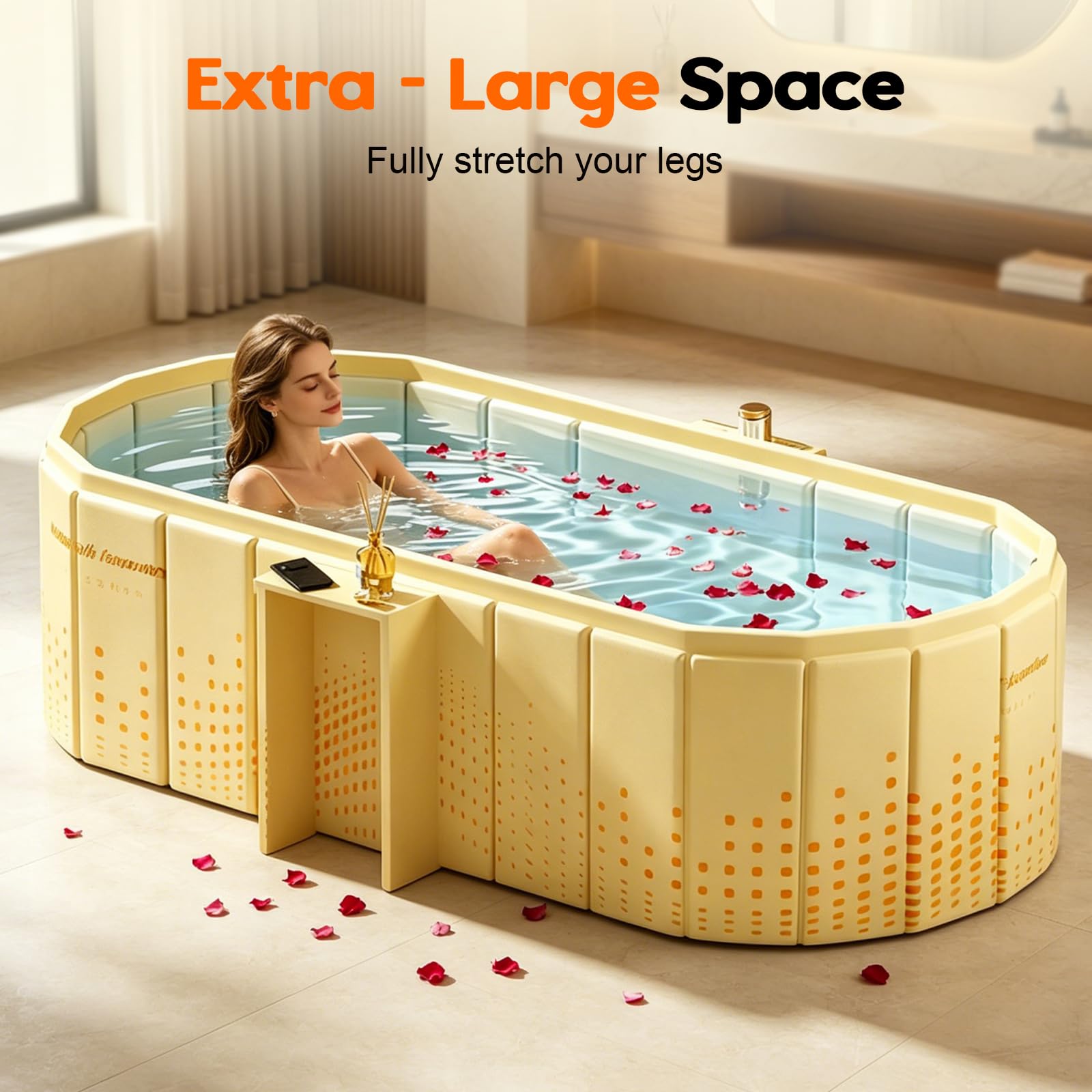 Vasca da bagno pieghevole per adulti, 150 cm, con supporto grande capacità per 2 persone, isolamento termico a 5 strati, doppio scarico, senza installazione, ideale per bagno caldo e bagno