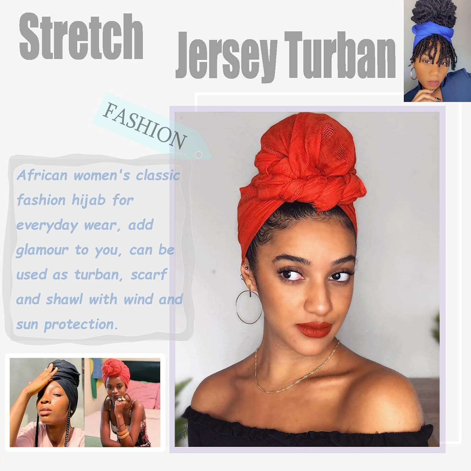 ZRQ 5 Pieces Stretch Headwrap Scarf Jersey Turban Fashion Headwear Boho Extra Long Scarf Soft Breathable Easy Knot Hijab Tie for Black Women (Black,Camel,Denim Blue,Watermelon Red,Dark Grey) - Image 4