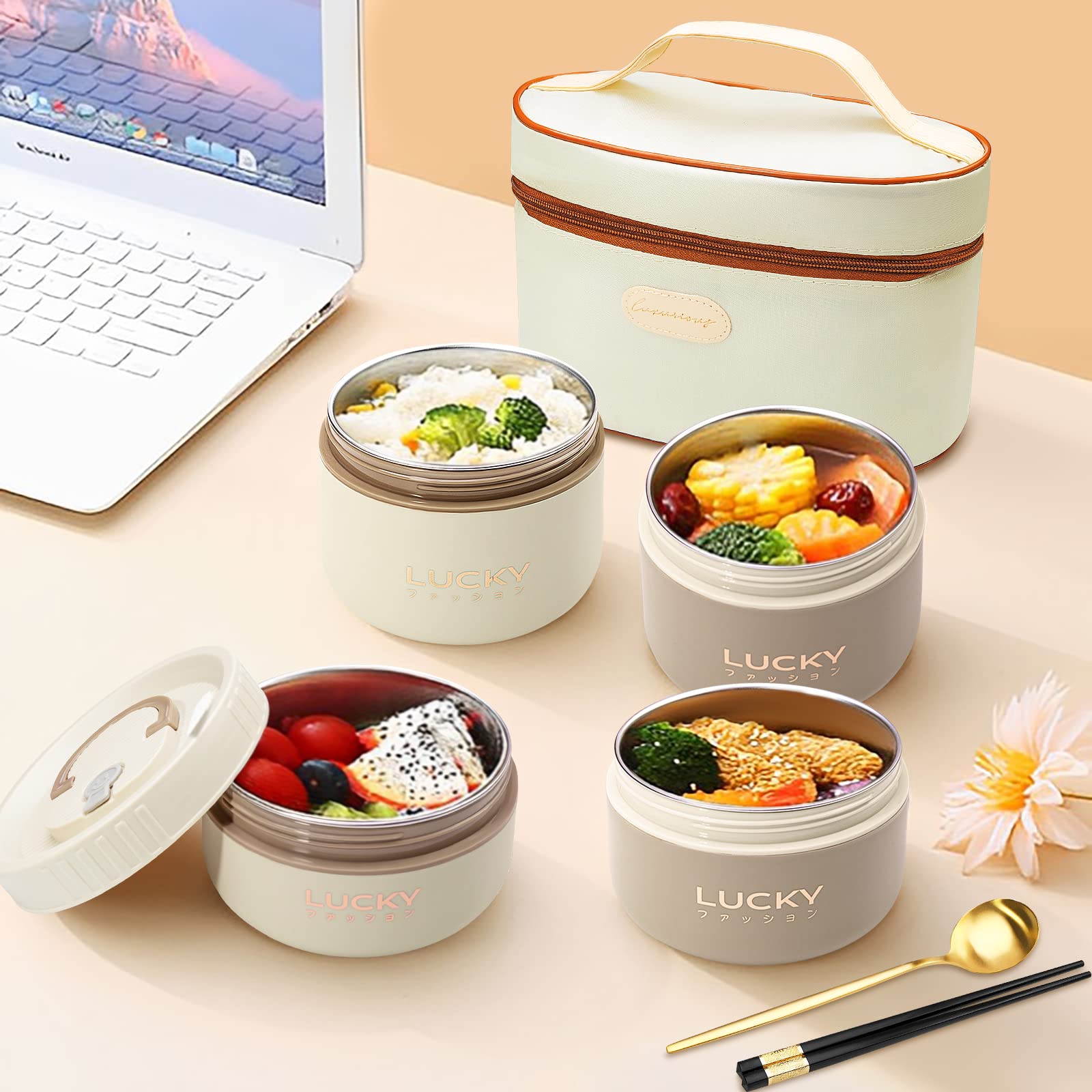 Juego de contenedores de almuerzo portátiles aislados, caja Bento para adultos con bolsa de almuerzo aislada, 4 contenedores térmicos apilables separados para adultos, color marrón 7