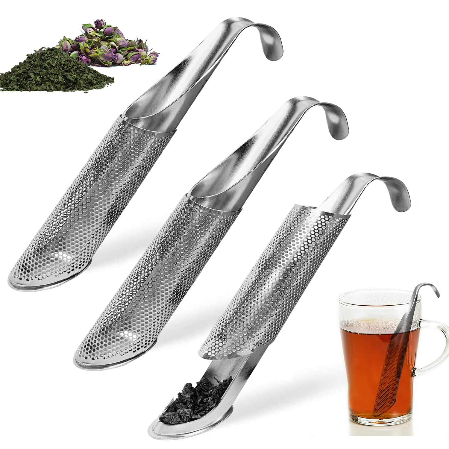 3 Packs Stainless Steel Tea Infuser for Loose Tea, CHengQiSM Tea Strainer with Long Curved Handle, Tea Filter with Fine Mesh for Cup Mugs