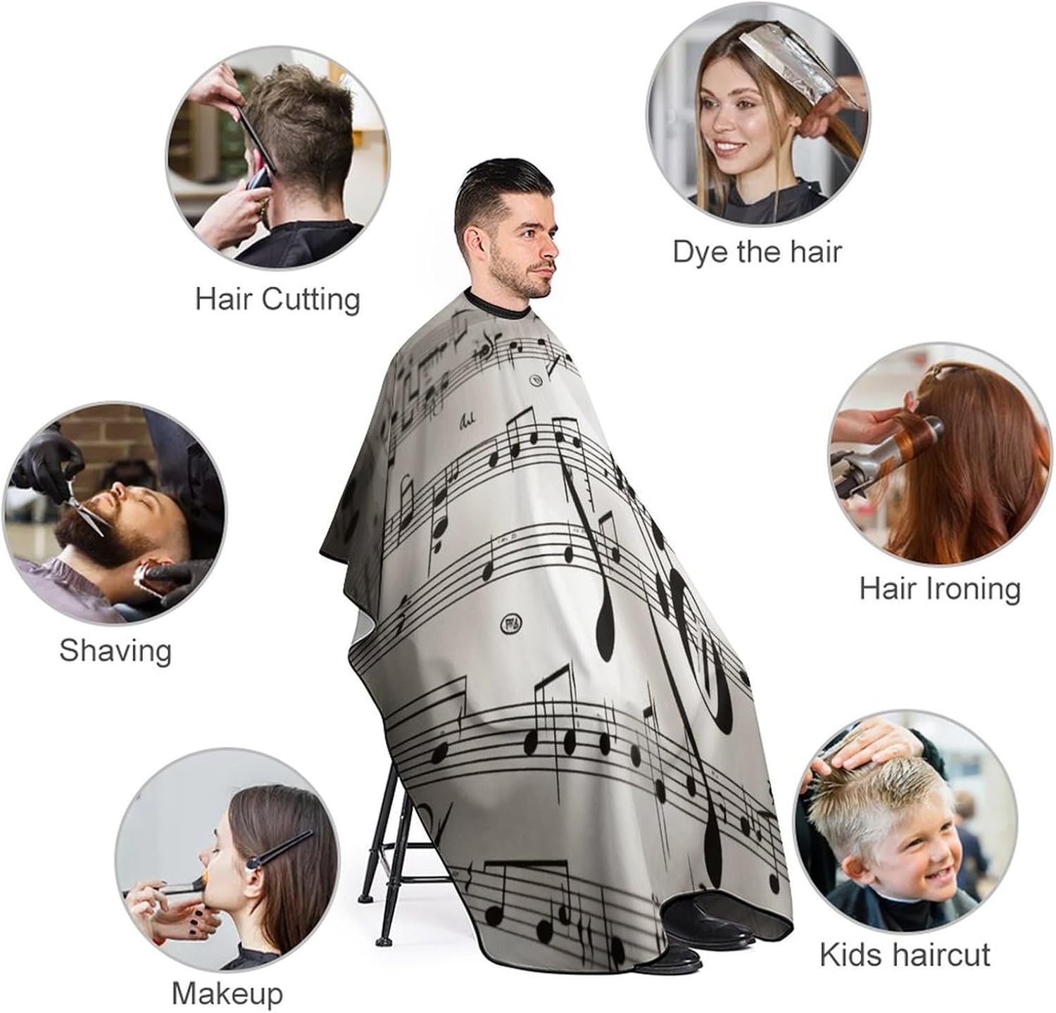 Music Notes Print Apron for Women Men,Barber Cape with Adjustable Snap Closure,Hair Cutting Cape,66.9 X 56.7 Inches for Hair Dye, Comb-out, Styling, Shampoo